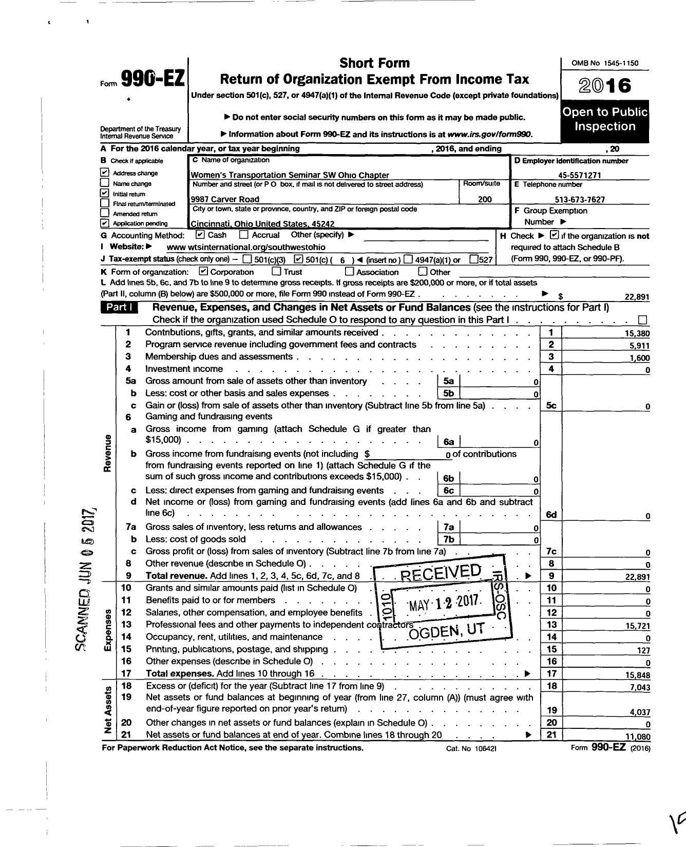 Image of first page of 2016 Form 990EO for Womens Transportation Seminar / Southwest Ohio