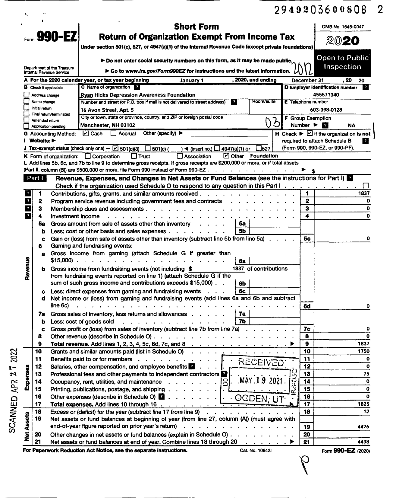 Image of first page of 2020 Form 990EZ for Ryan Hicks Depression Awareness Foundation