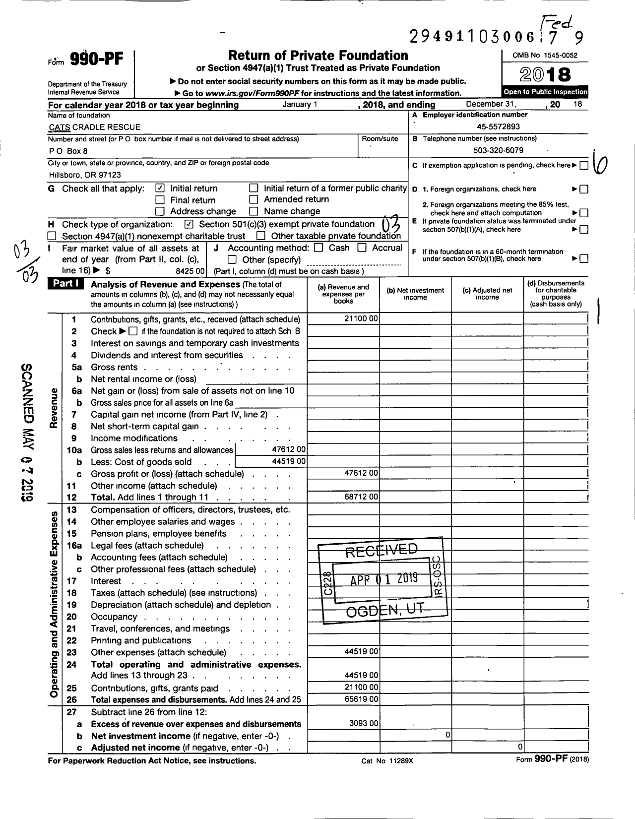 Image of first page of 2018 Form 990PF for Cats Cradle Rescue