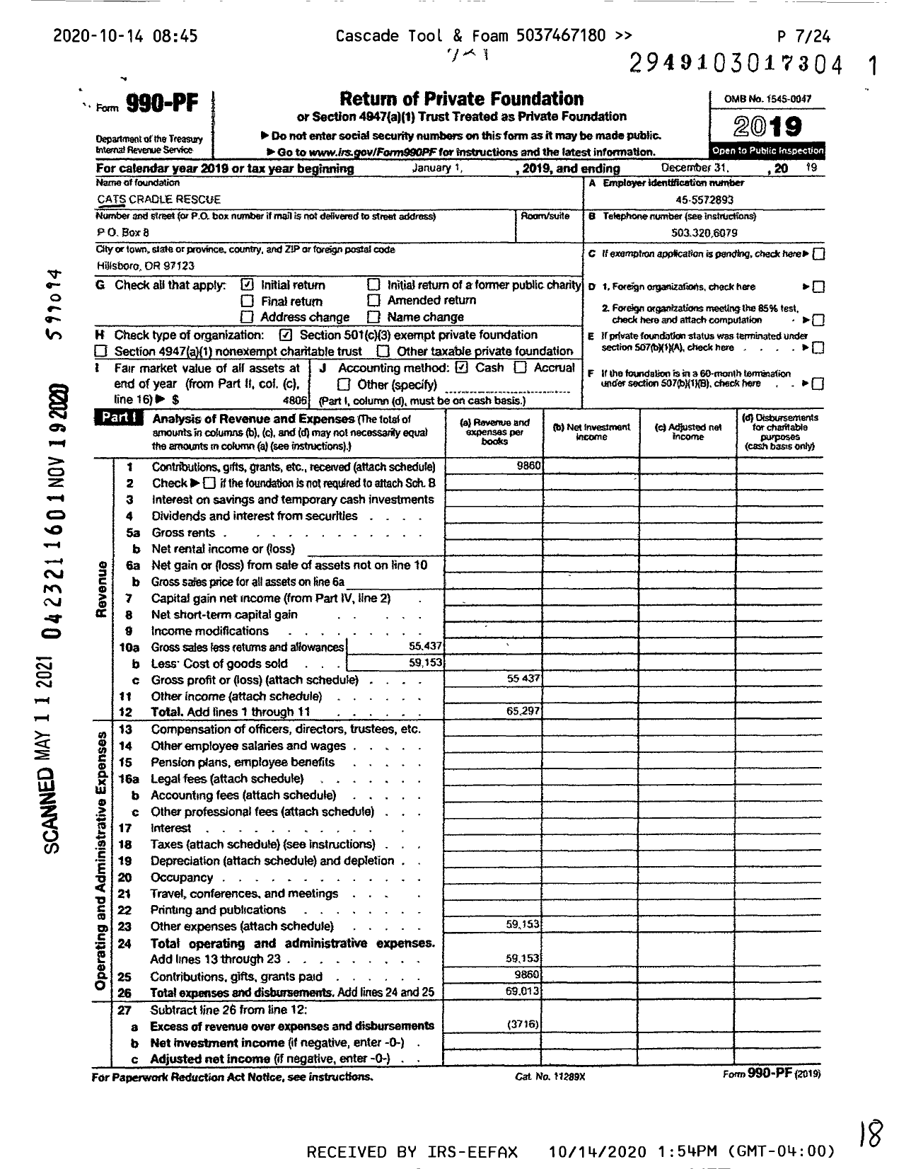 Image of first page of 2019 Form 990PF for Cats Cradle Rescue