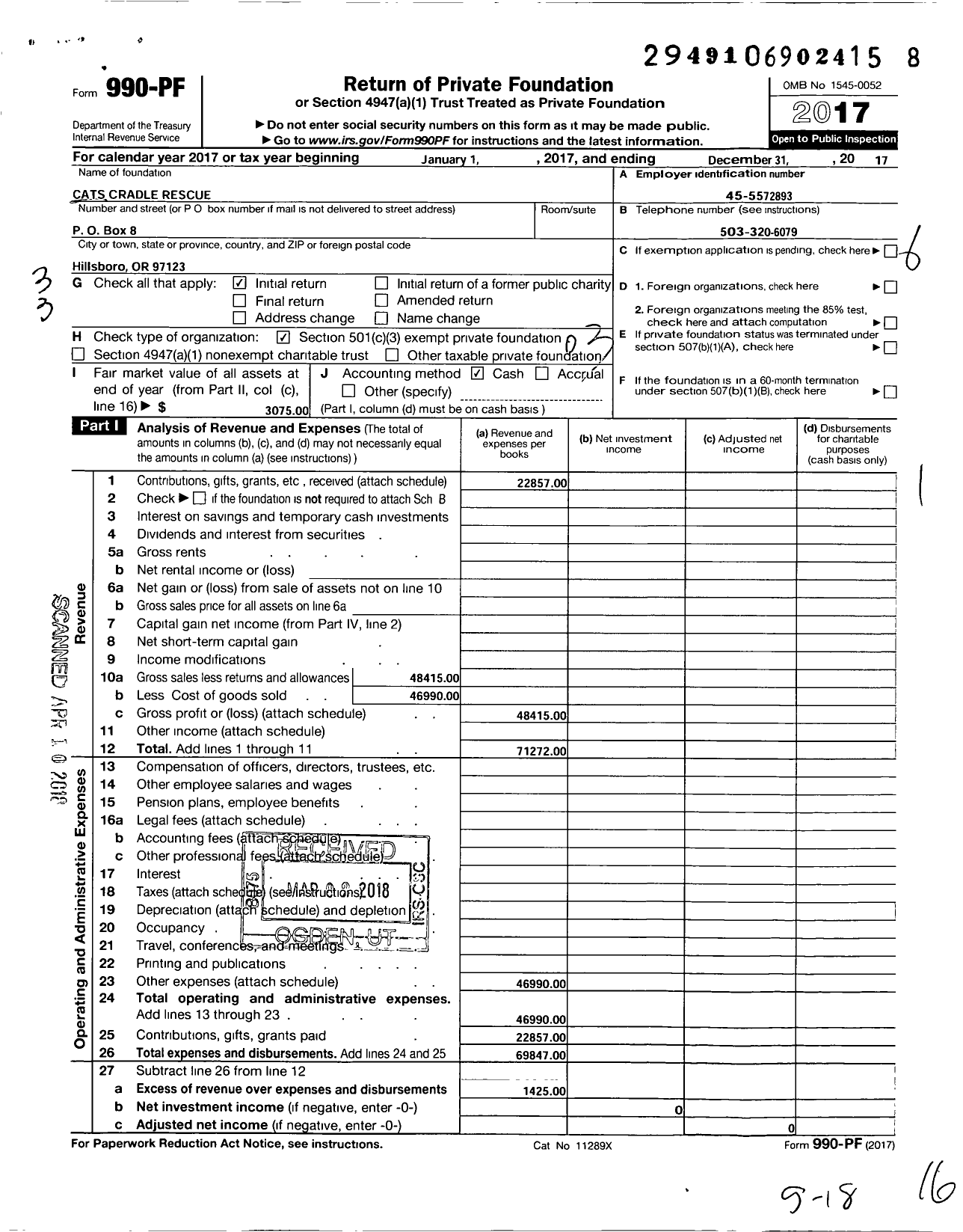 Image of first page of 2017 Form 990PF for Cats Cradle Rescue