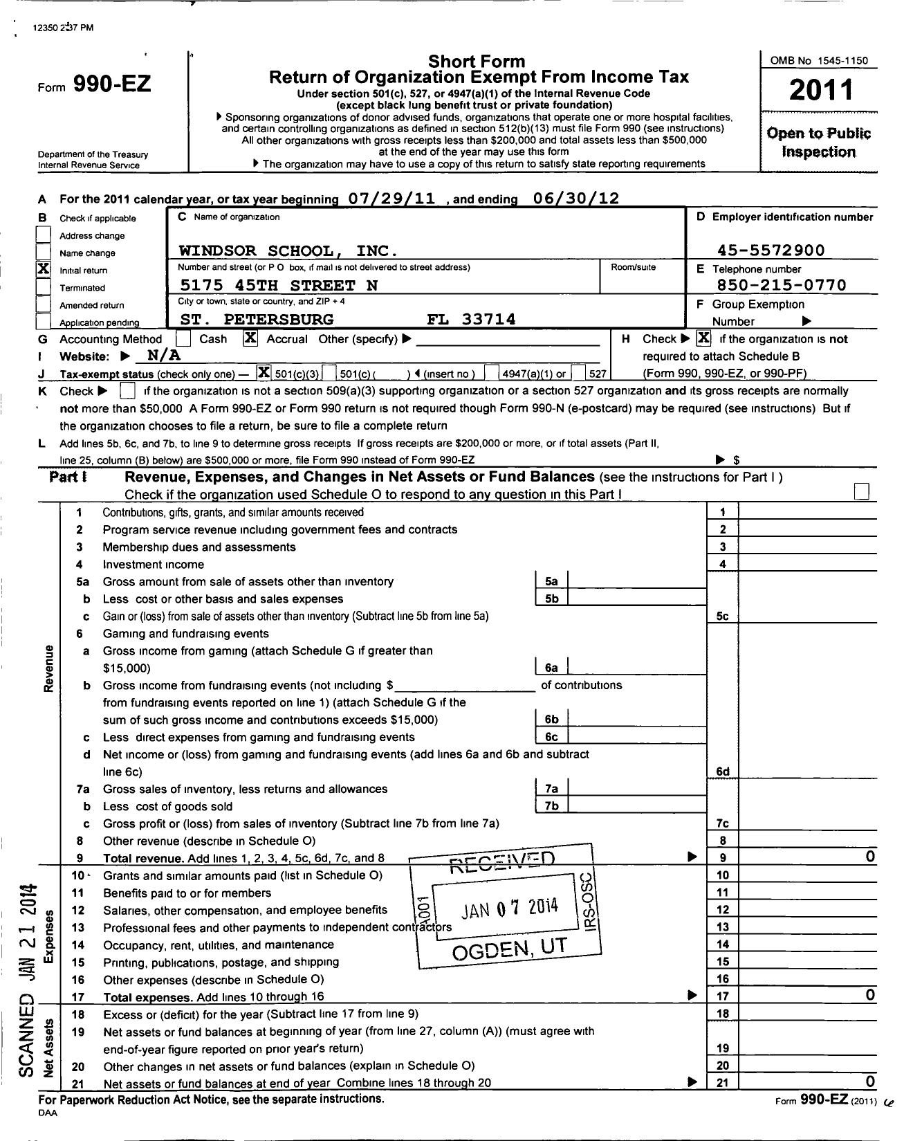 Image of first page of 2011 Form 990EZ for Windsor School