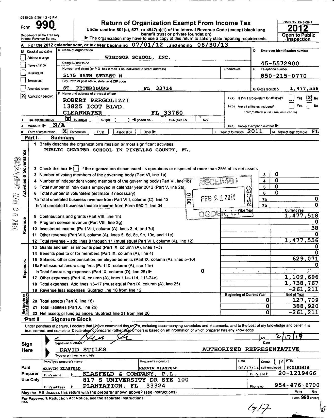 Image of first page of 2012 Form 990 for Windsor School