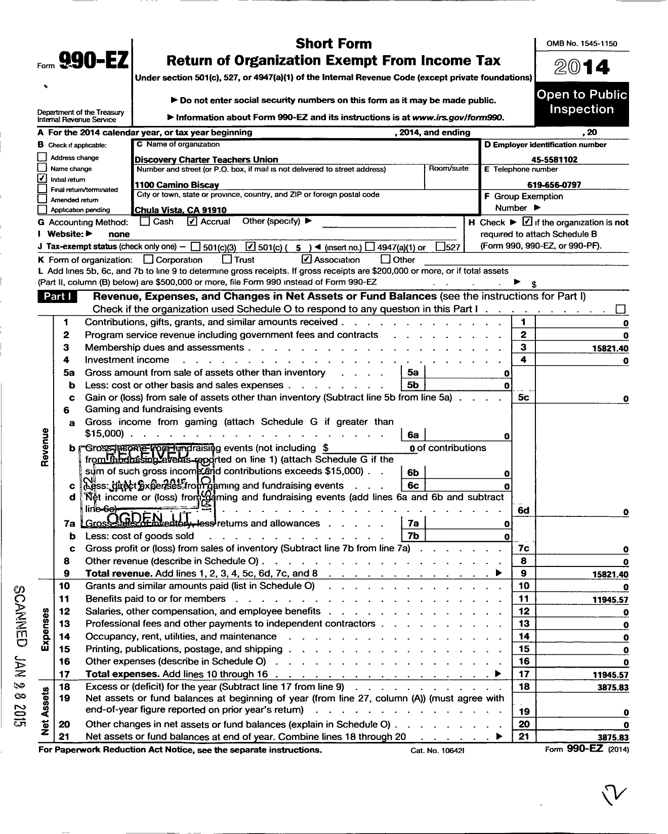 Image of first page of 2014 Form 990EO for California Teachers Association - Discovery Charter SCH TCHRS Union