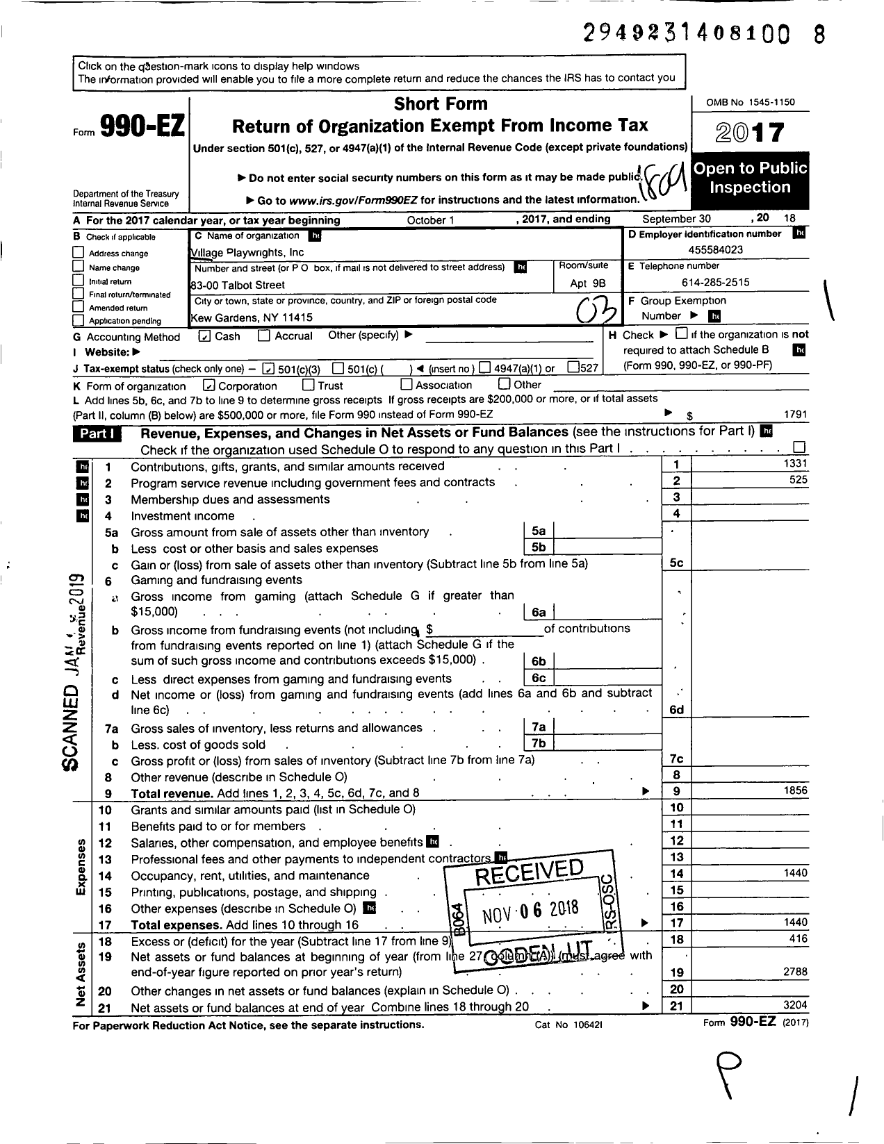 Image of first page of 2017 Form 990EZ for Village Playwrights