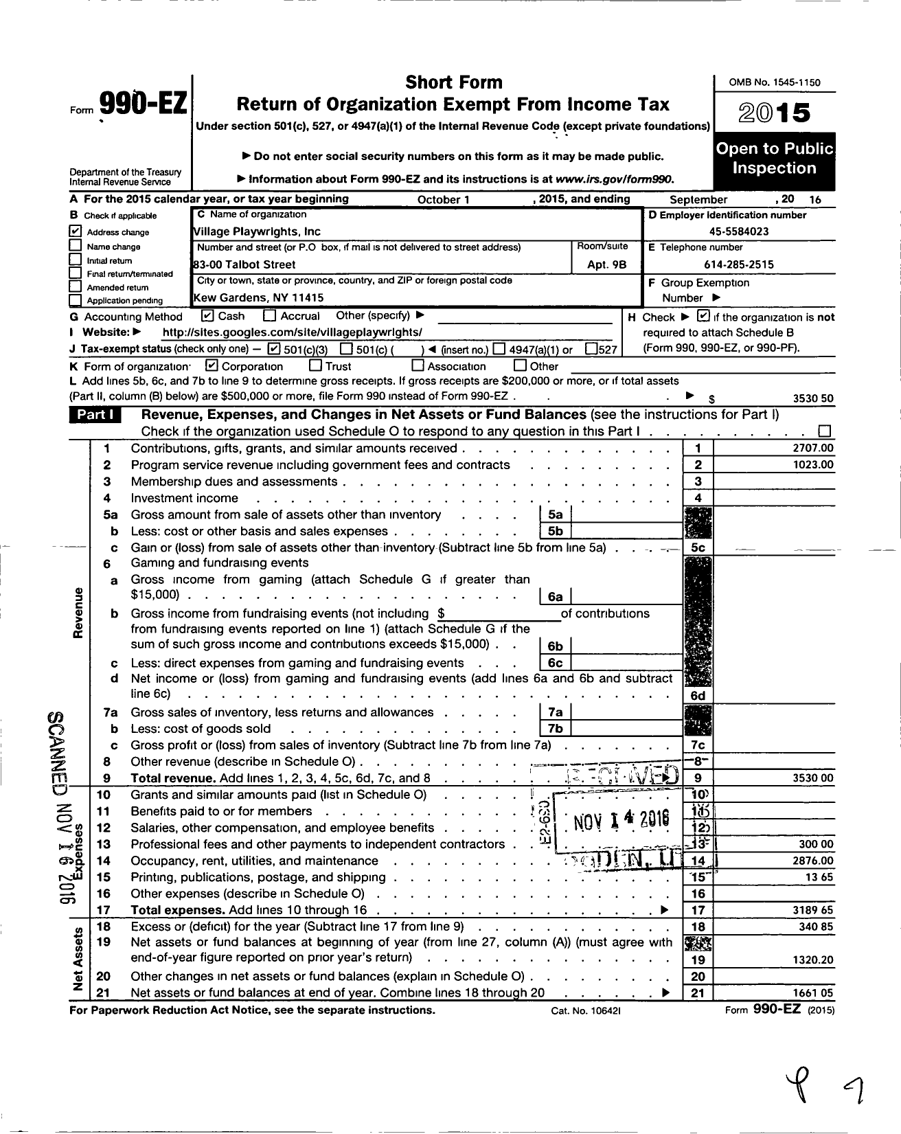 Image of first page of 2015 Form 990EZ for Village Playwrights