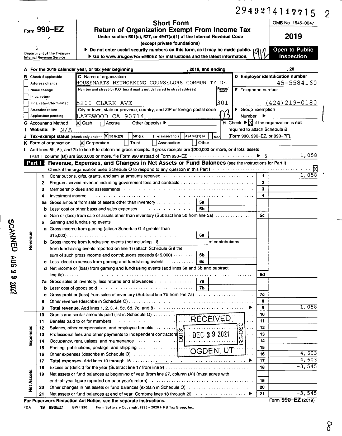 Image of first page of 2019 Form 990EZ for Housesmarts Networking Counselors Community Development Corporation