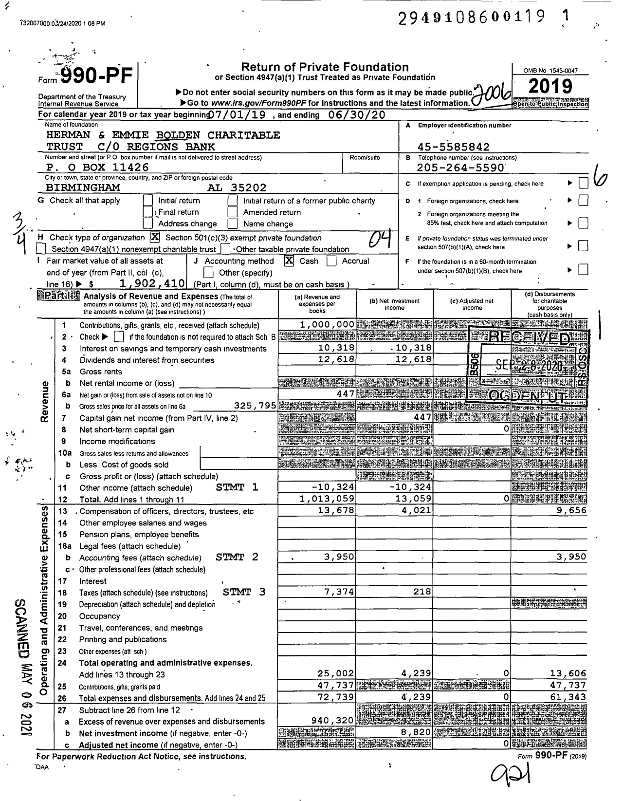 Image of first page of 2019 Form 990PF for Herman and Emmie Bolden Charitable Trust C / 0 Regions Bank