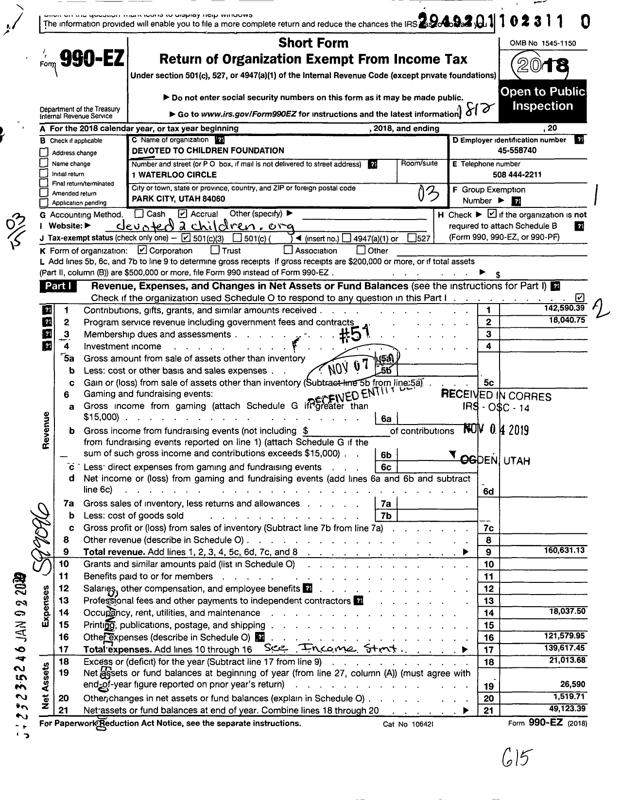 Image of first page of 2018 Form 990EZ for Devoted To Children Foundation