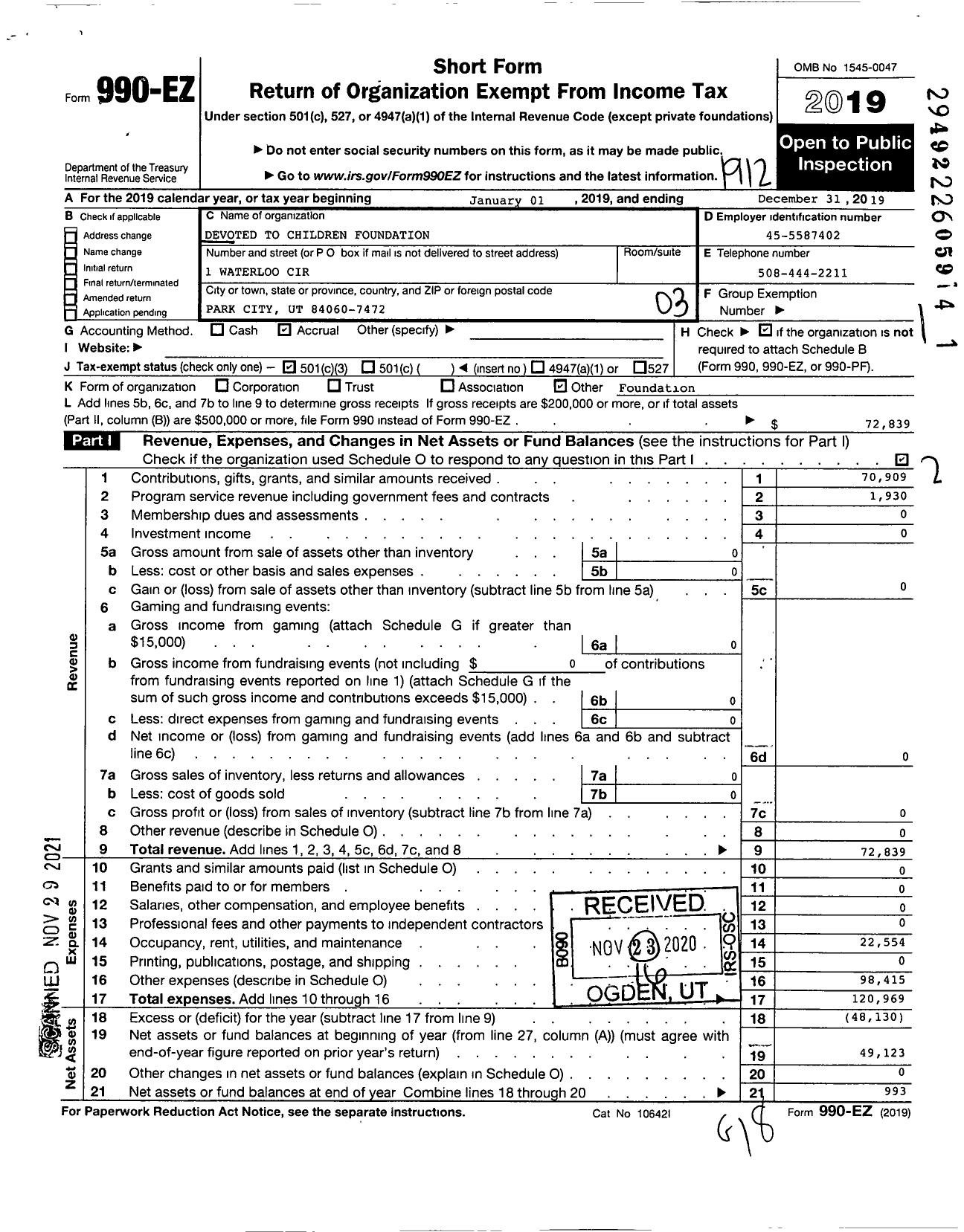 Image of first page of 2019 Form 990EZ for Devoted To Children Foundation