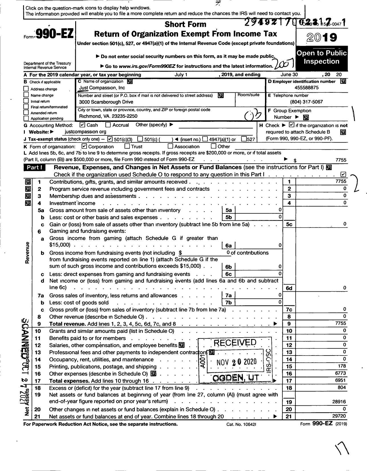 Image of first page of 2019 Form 990EZ for Just Compassion