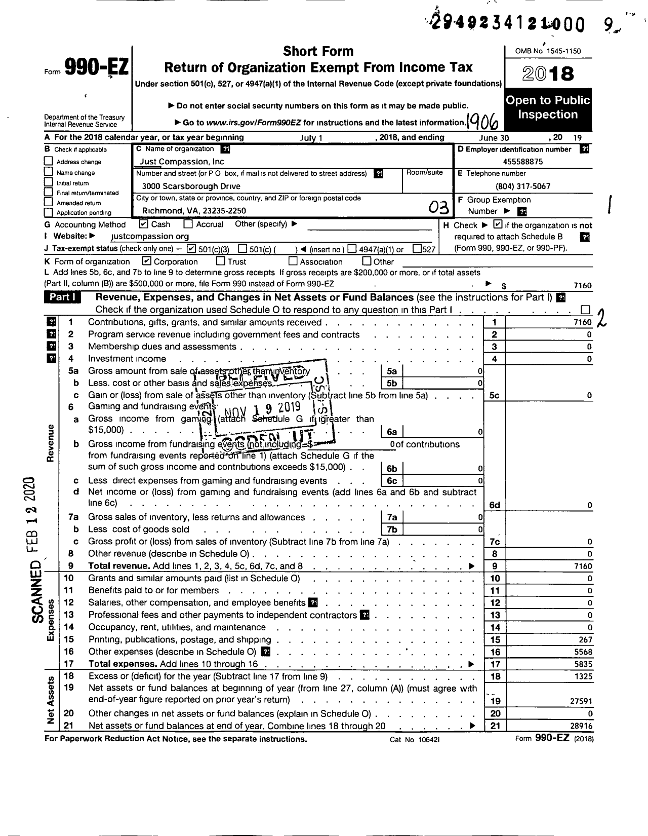 Image of first page of 2018 Form 990EZ for Just Compassion