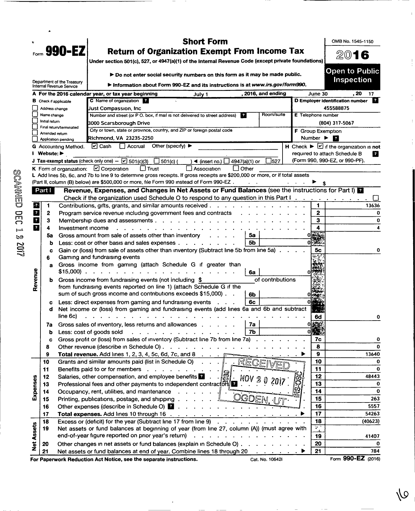 Image of first page of 2016 Form 990EZ for Just Compassion