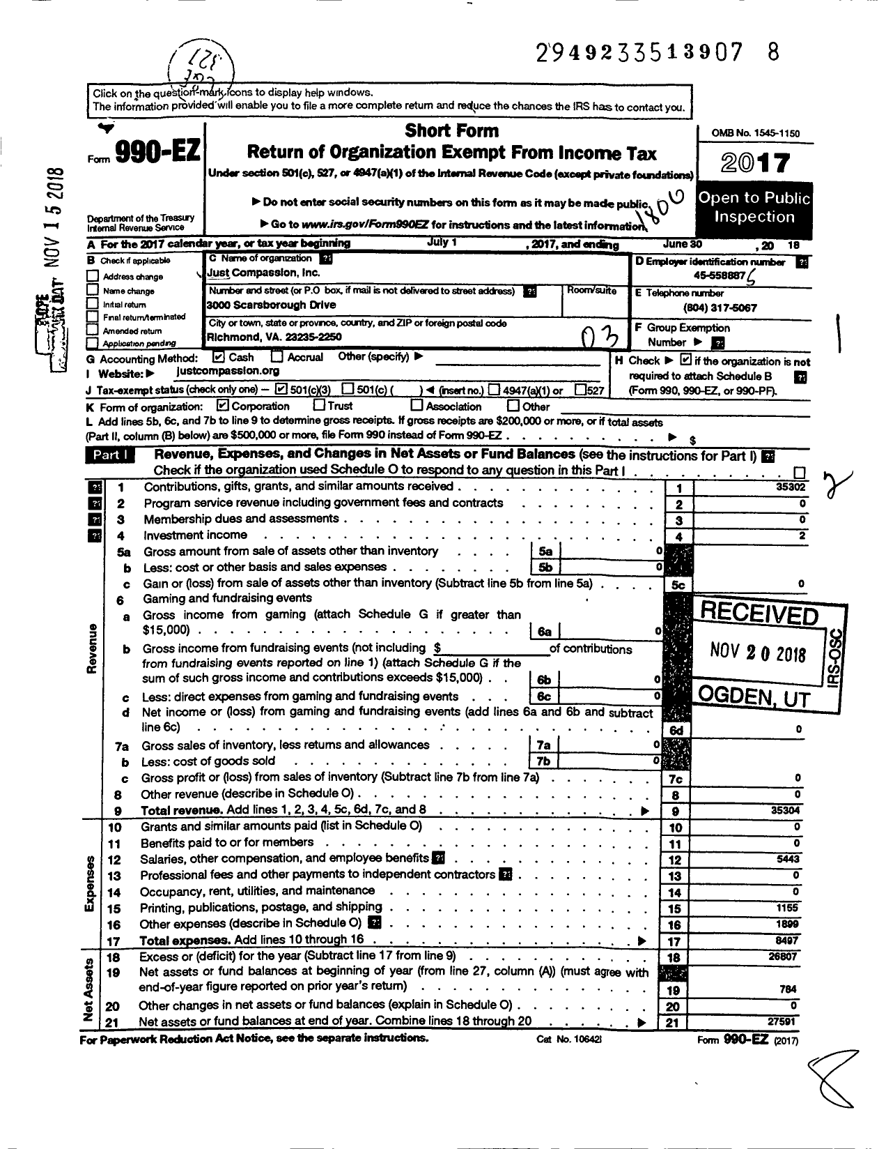 Image of first page of 2017 Form 990EZ for Just Compassion
