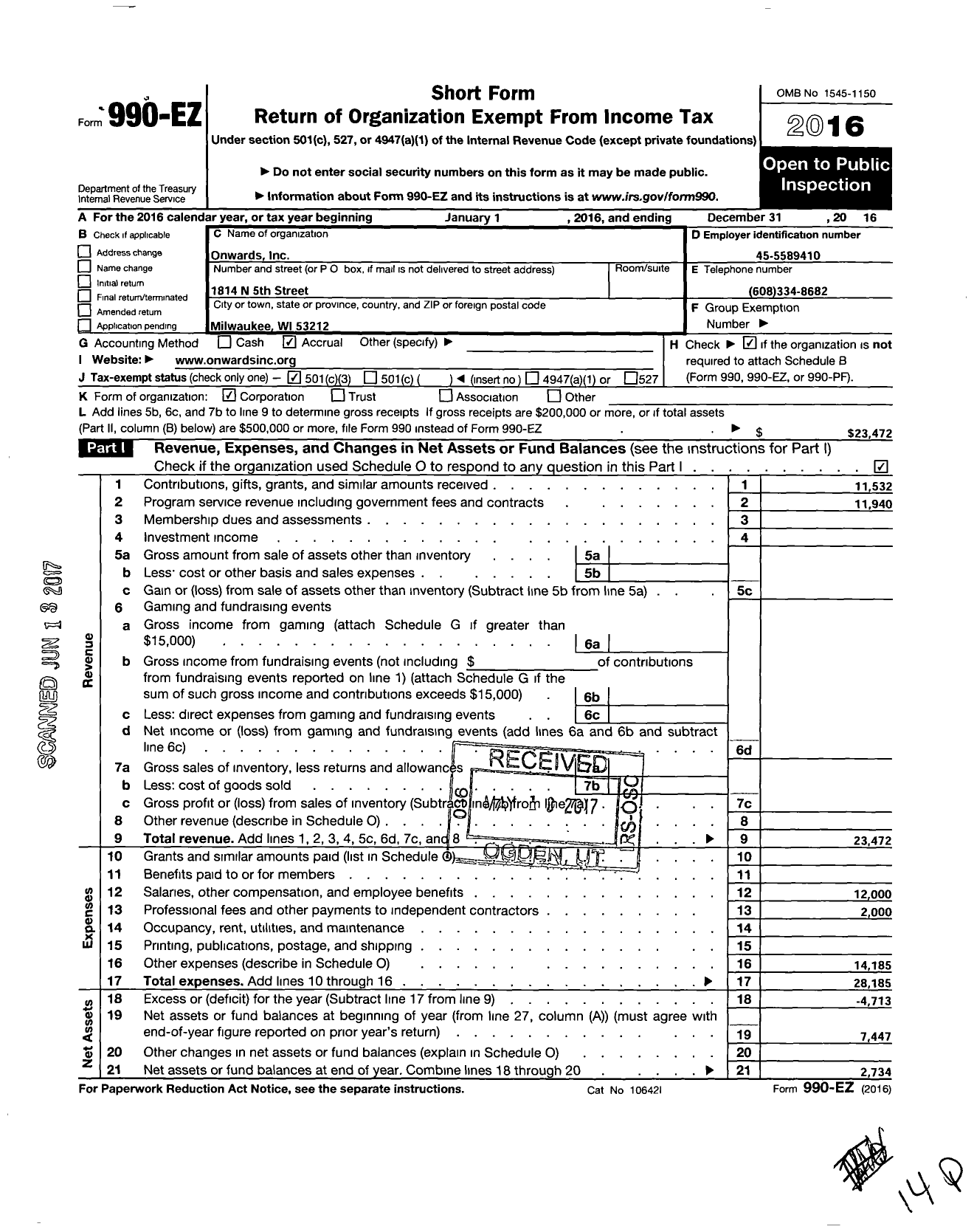 Image of first page of 2016 Form 990EZ for Onwards