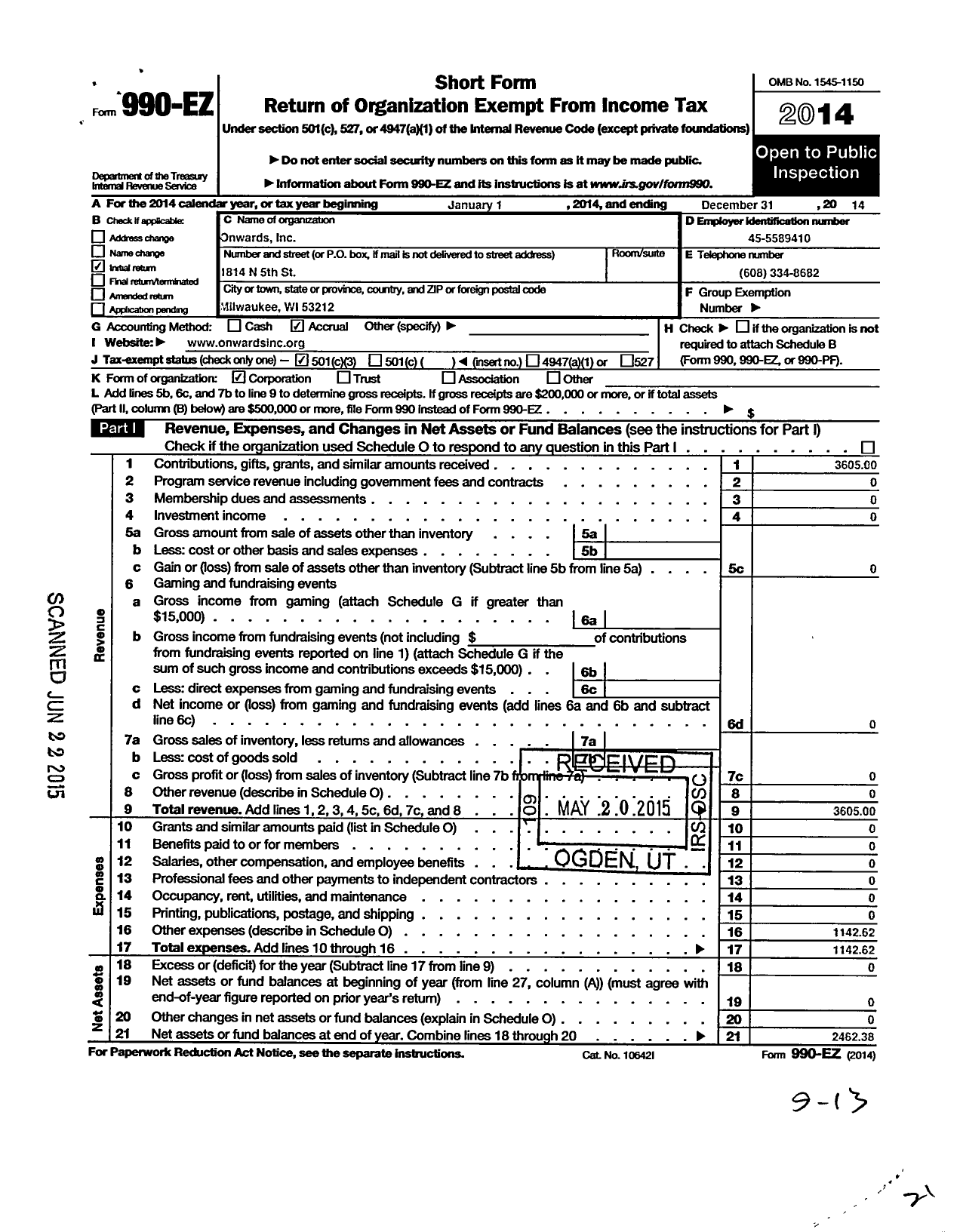 Image of first page of 2014 Form 990EZ for Onwards