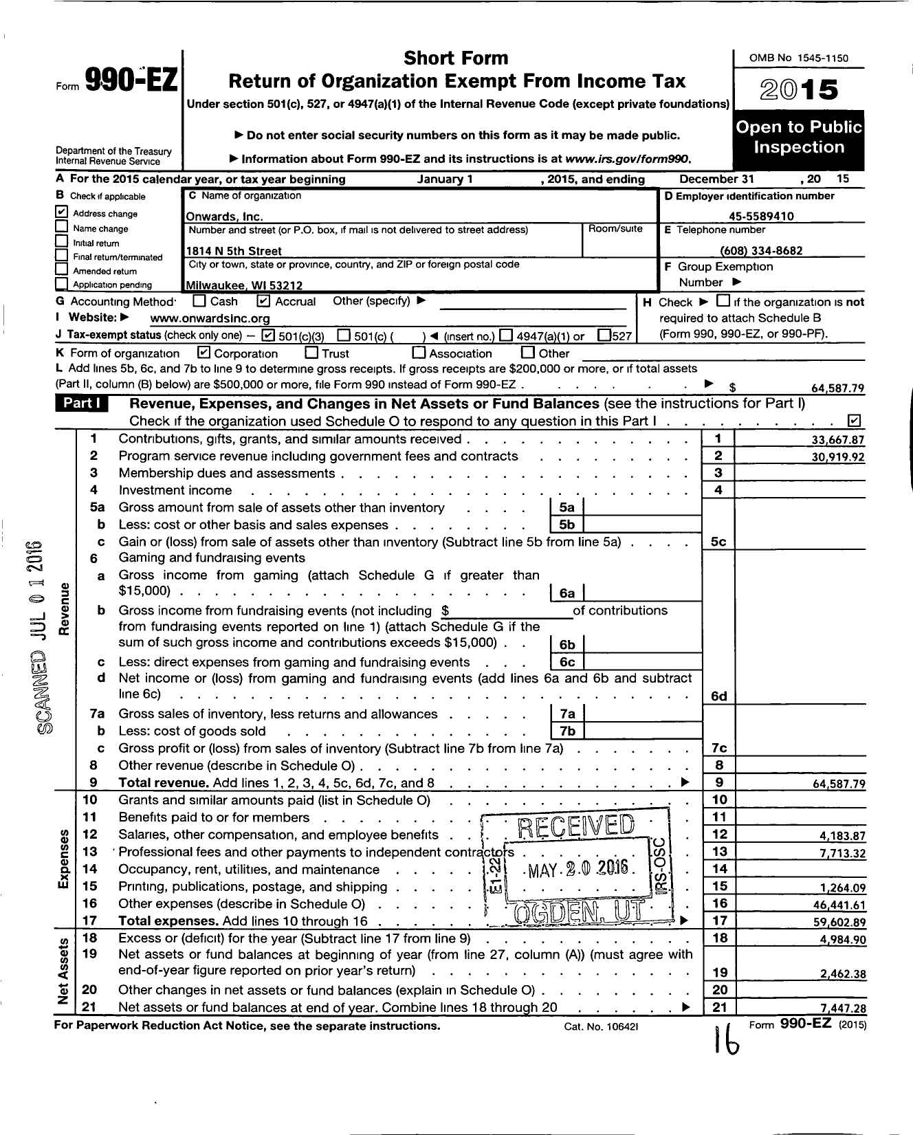 Image of first page of 2015 Form 990EZ for Onwards