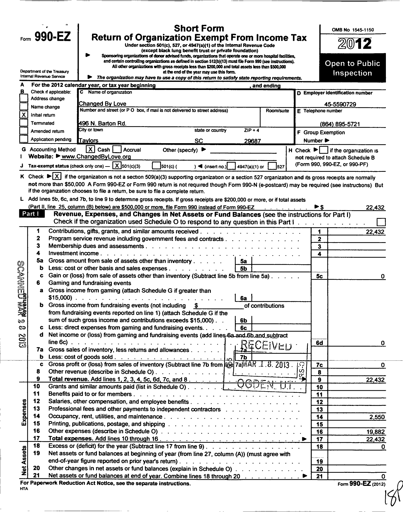 Image of first page of 2012 Form 990EZ for Changed By Love