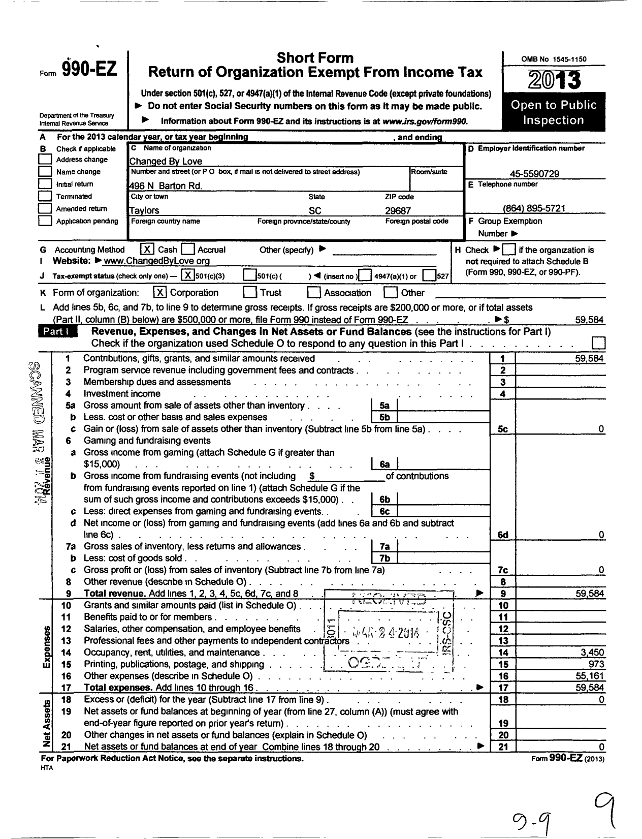 Image of first page of 2013 Form 990EZ for Changed By Love