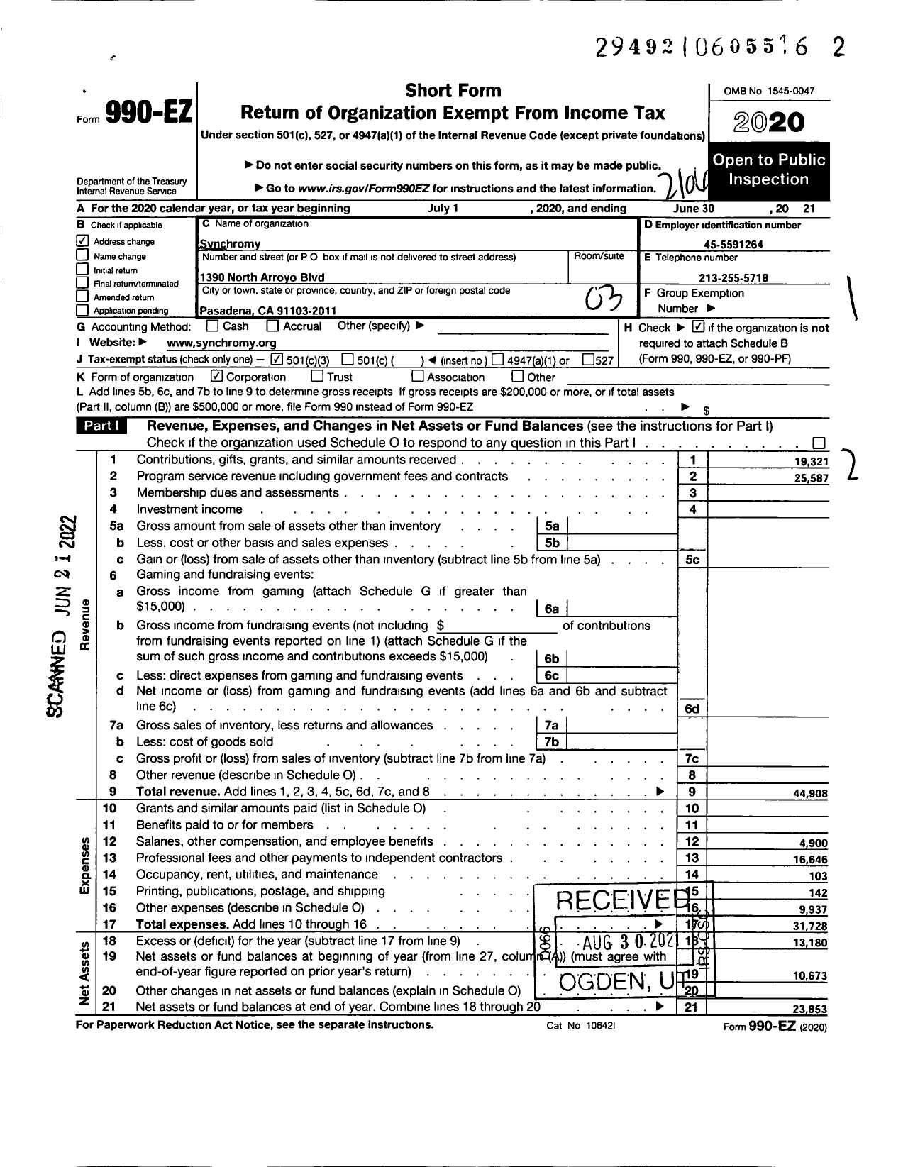 Image of first page of 2020 Form 990EZ for Synchromy