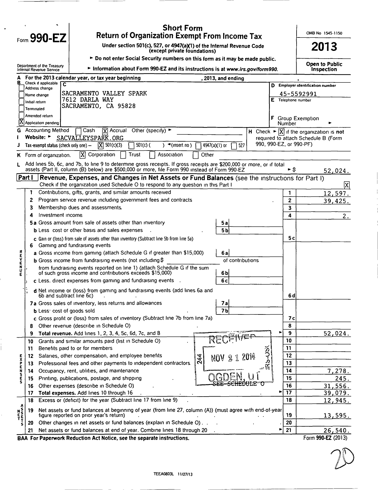 Image of first page of 2013 Form 990EZ for Sacramento Valley Spark