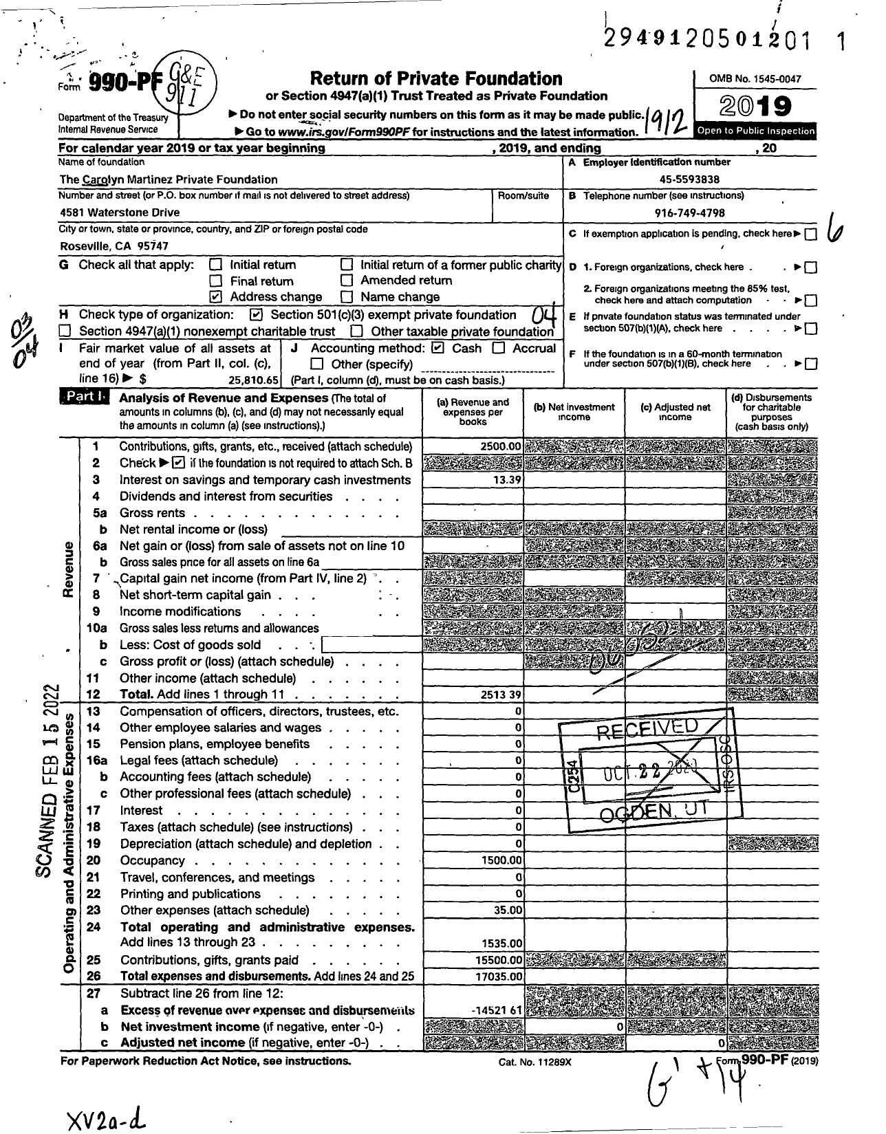 Image of first page of 2019 Form 990PF for The Carolyn Martinez Private Foundation