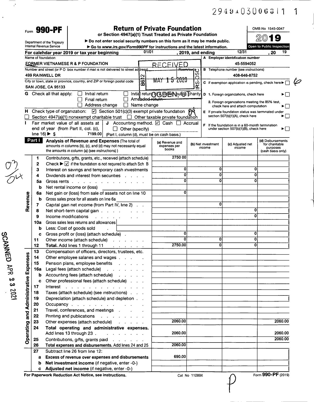 Image of first page of 2019 Form 990PF for Former Vietnamese R and P Foundation