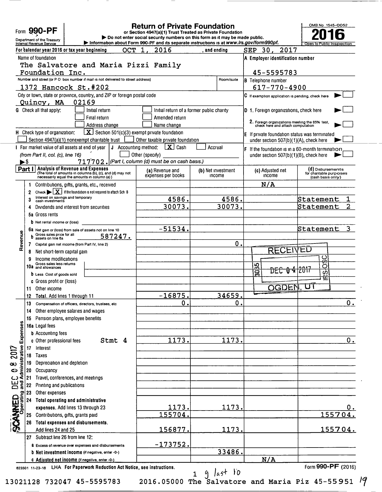 Image of first page of 2016 Form 990PF for The Salvatore and Maria Pizzi Family Foundation