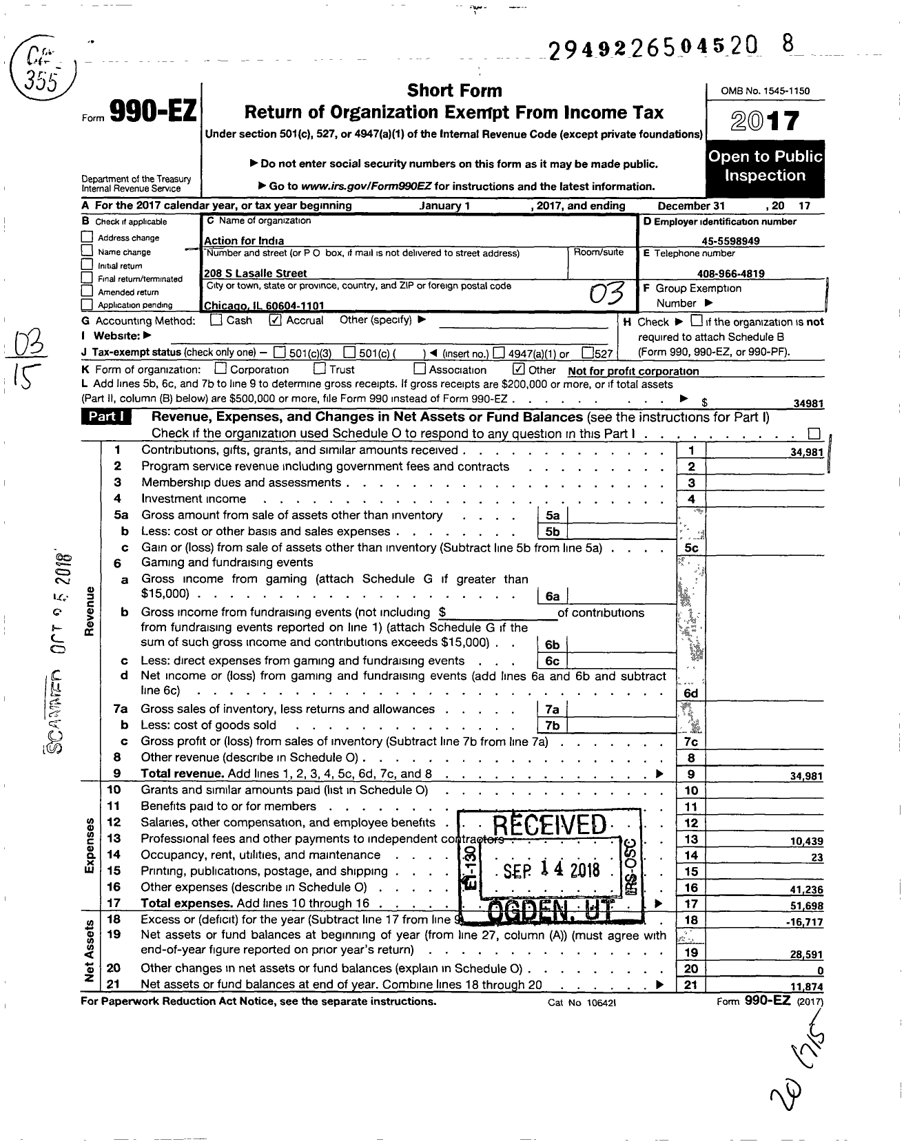 Image of first page of 2017 Form 990EZ for Action for India