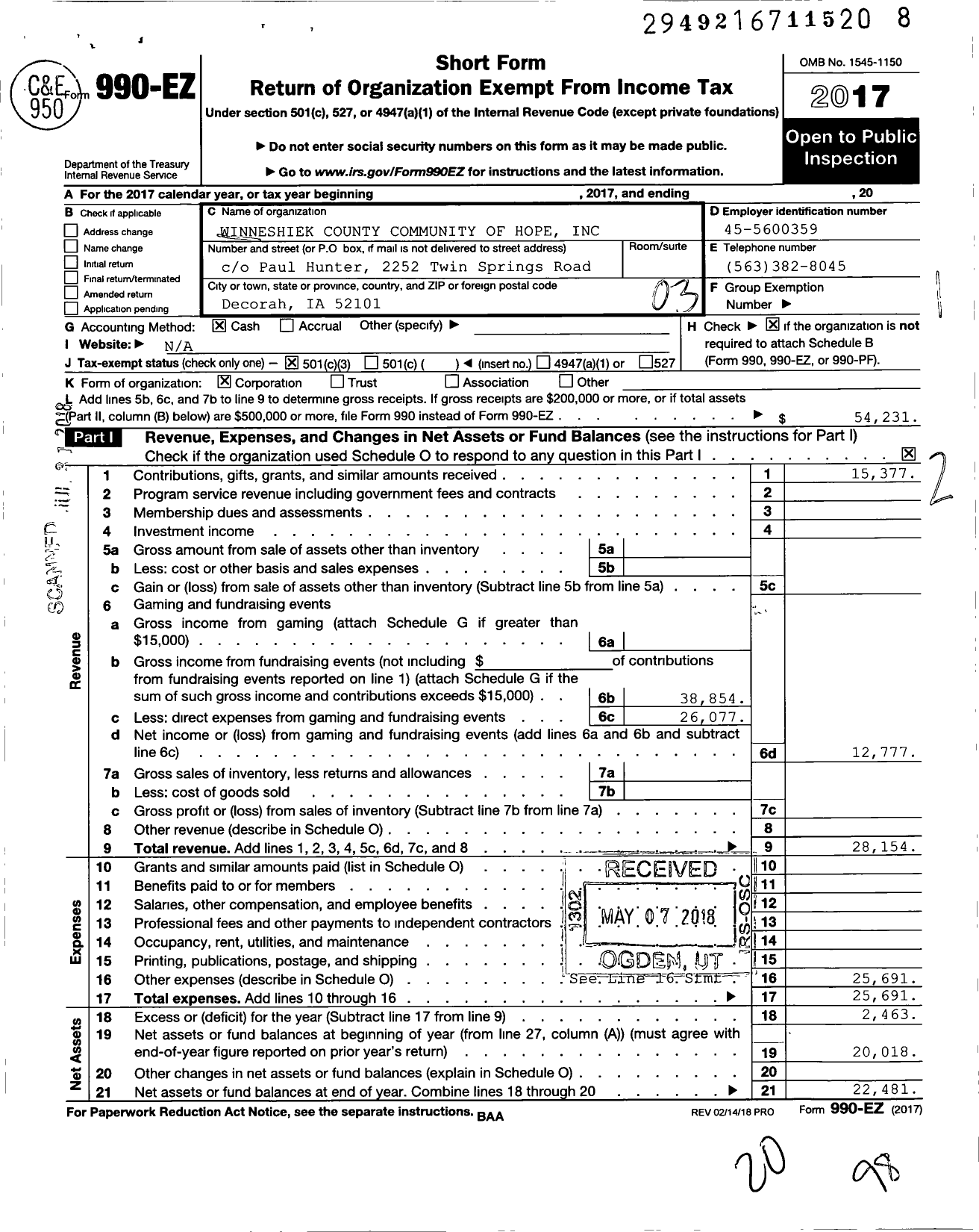 Image of first page of 2017 Form 990EZ for Winneshiek County Community of Hope