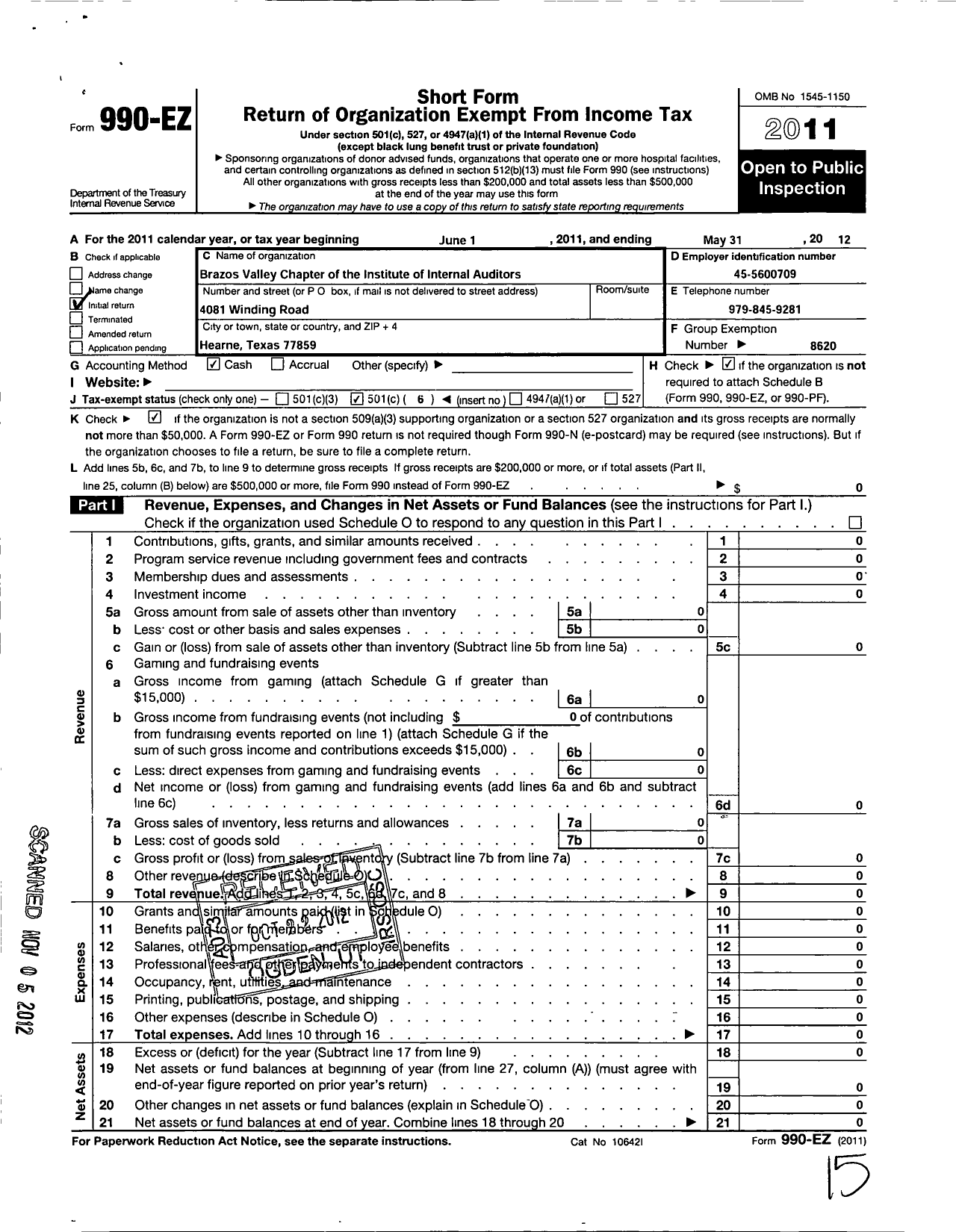 Image of first page of 2011 Form 990EO for Institute of Internal Auditors / Brazos Valley Chapter