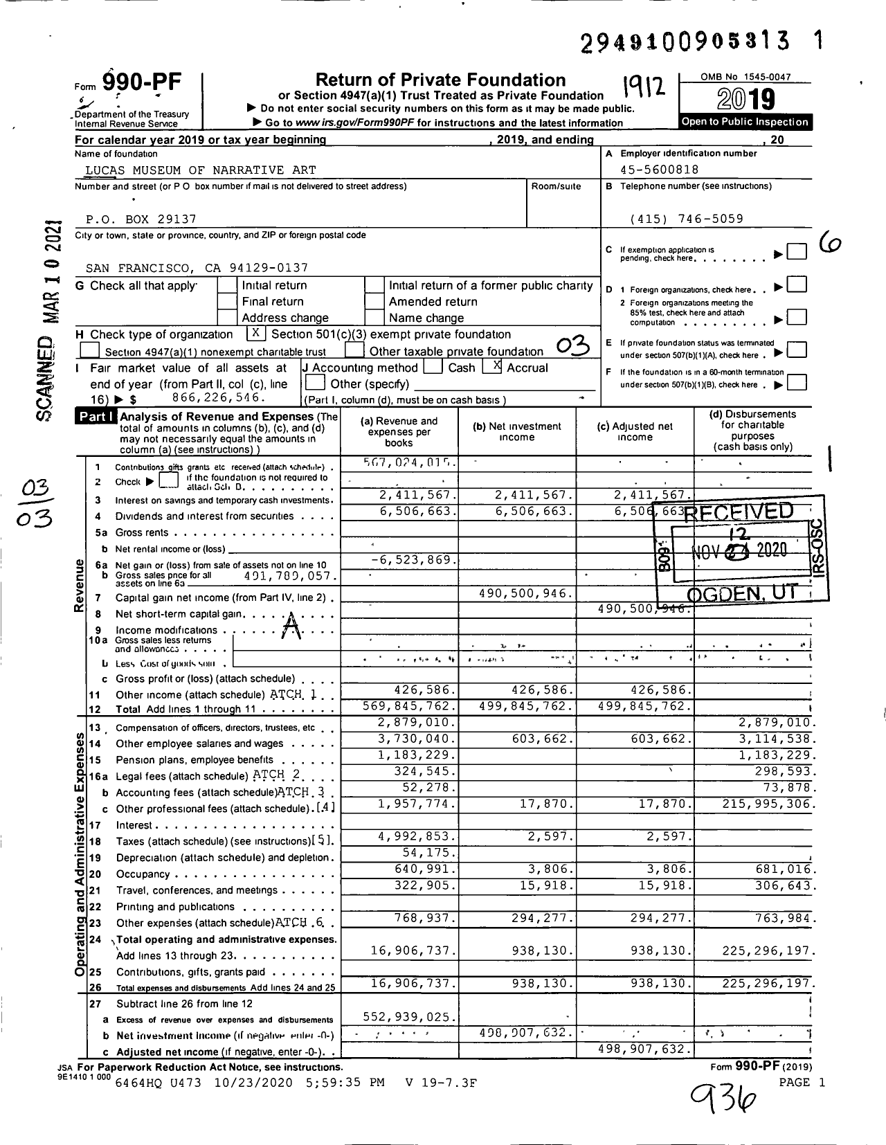 Image of first page of 2019 Form 990PF for Lucas Museum of Narrative Art