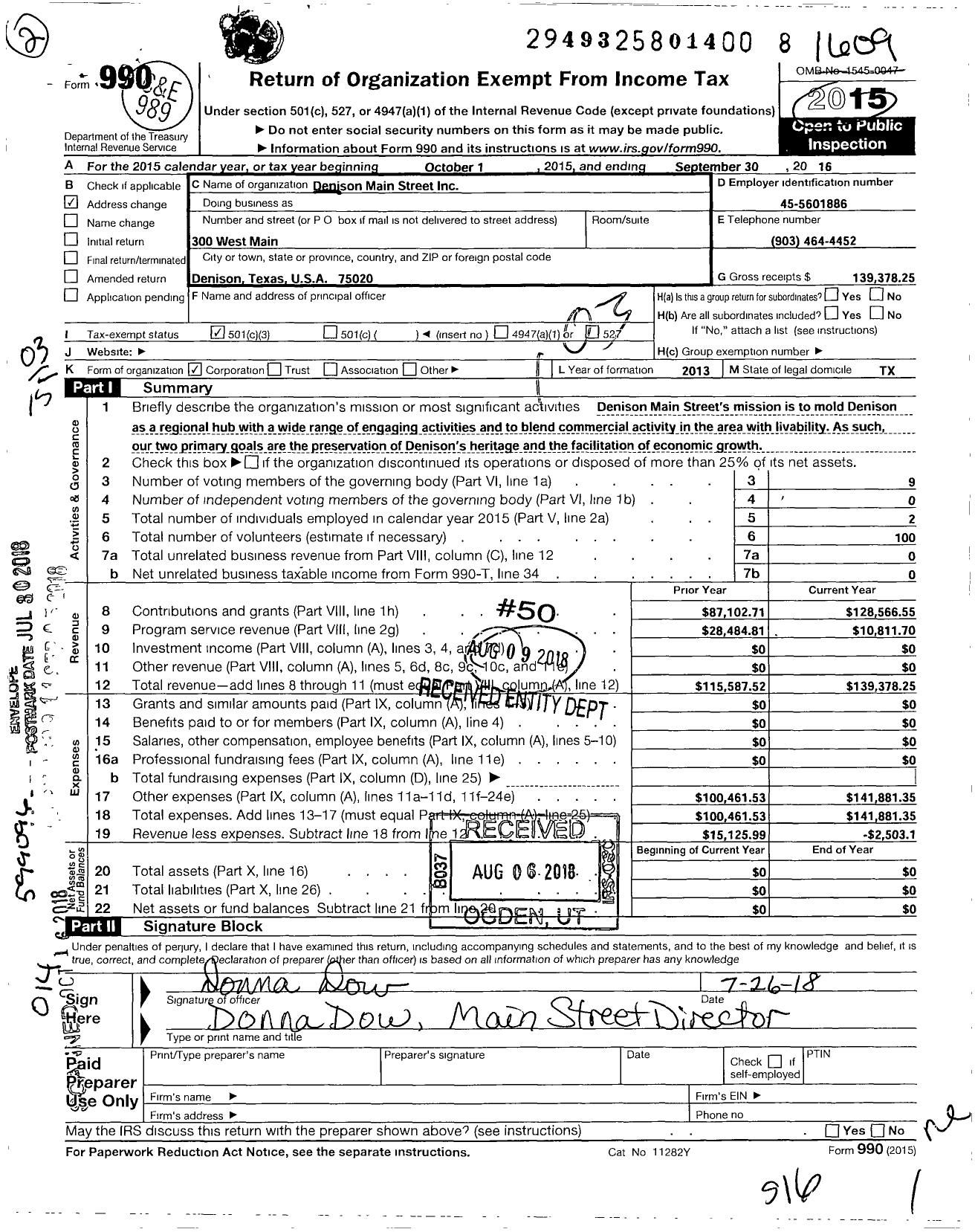 Image of first page of 2015 Form 990 for Denison Main Street
