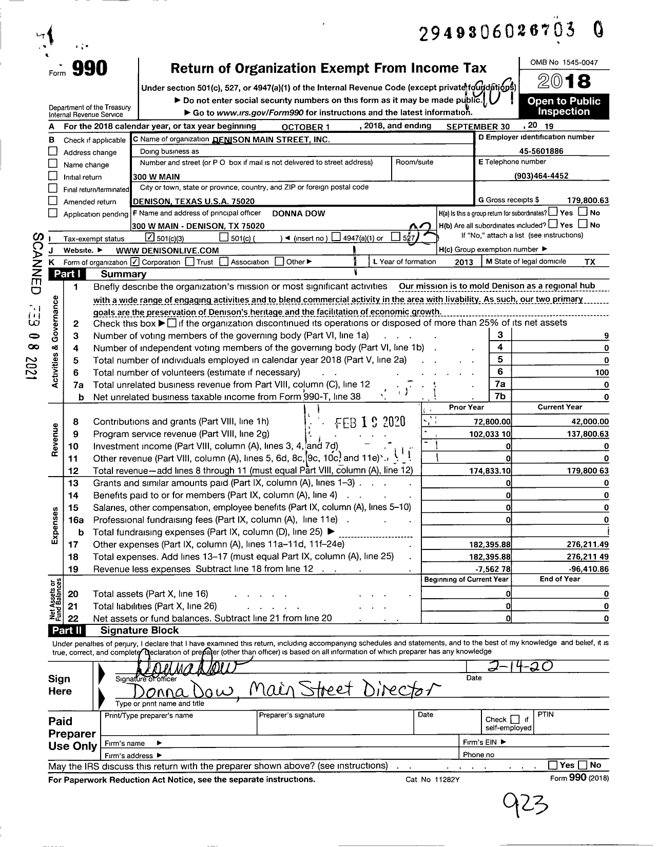 Image of first page of 2018 Form 990 for Denison Main Street
