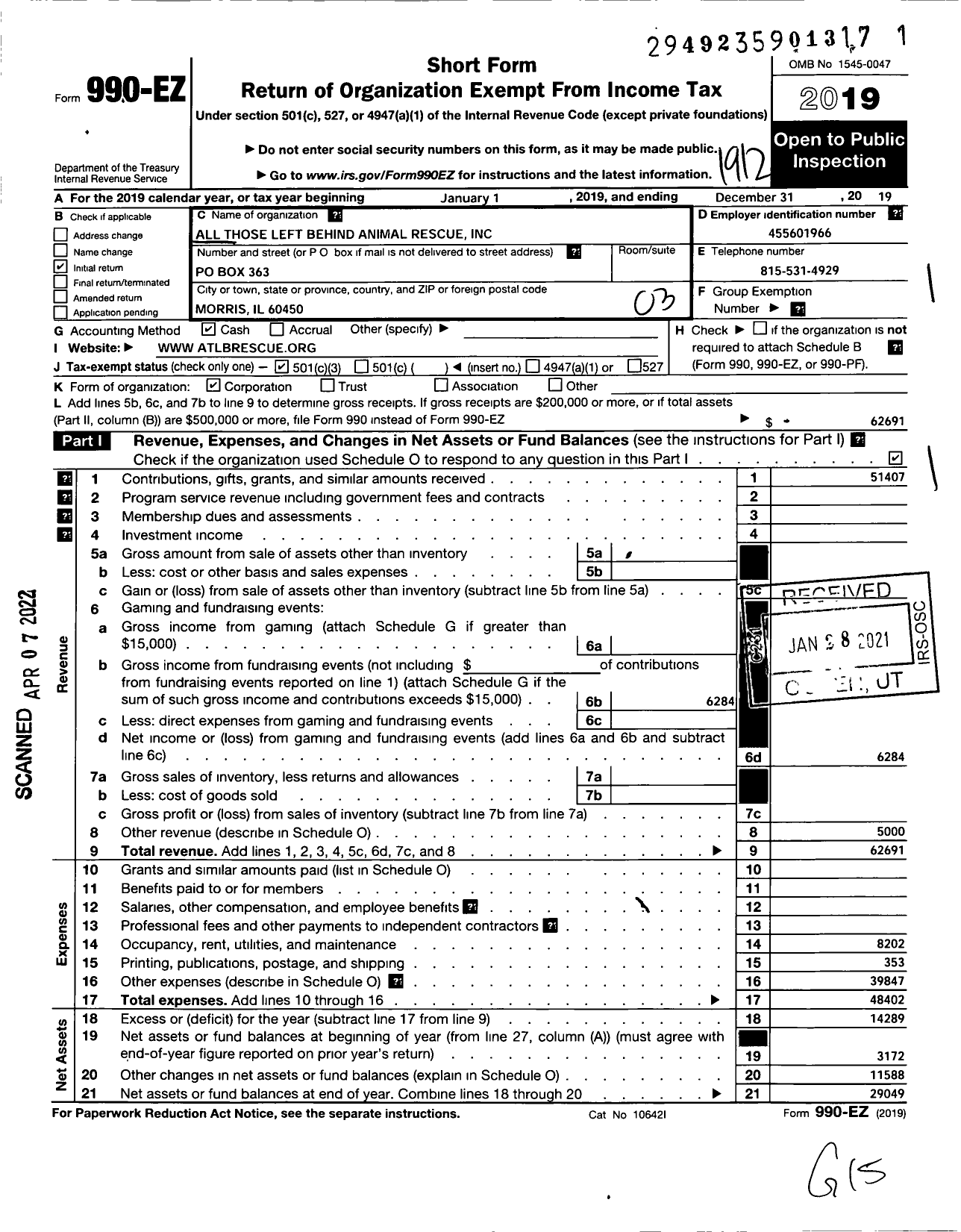 Image of first page of 2019 Form 990EZ for All Those Left Behind Animal Rescue