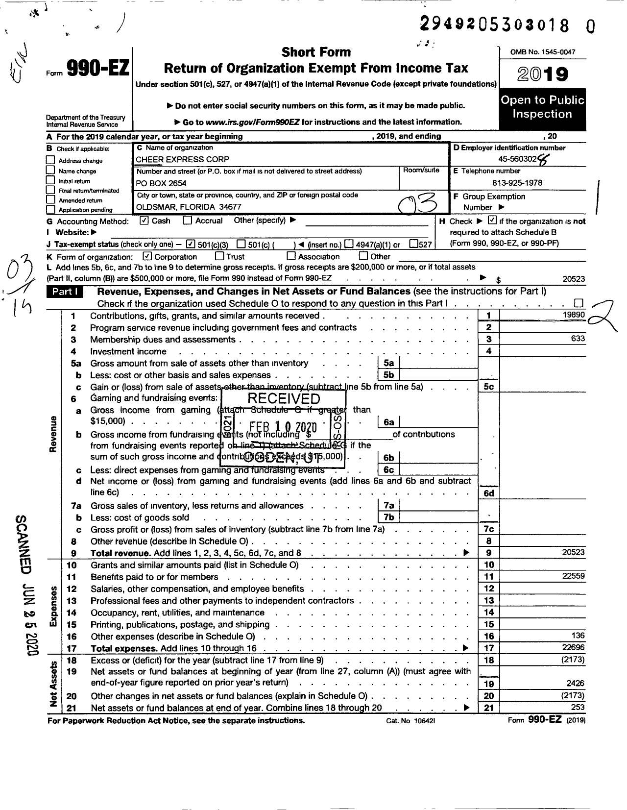 Image of first page of 2019 Form 990EZ for Cheer Express Corporation