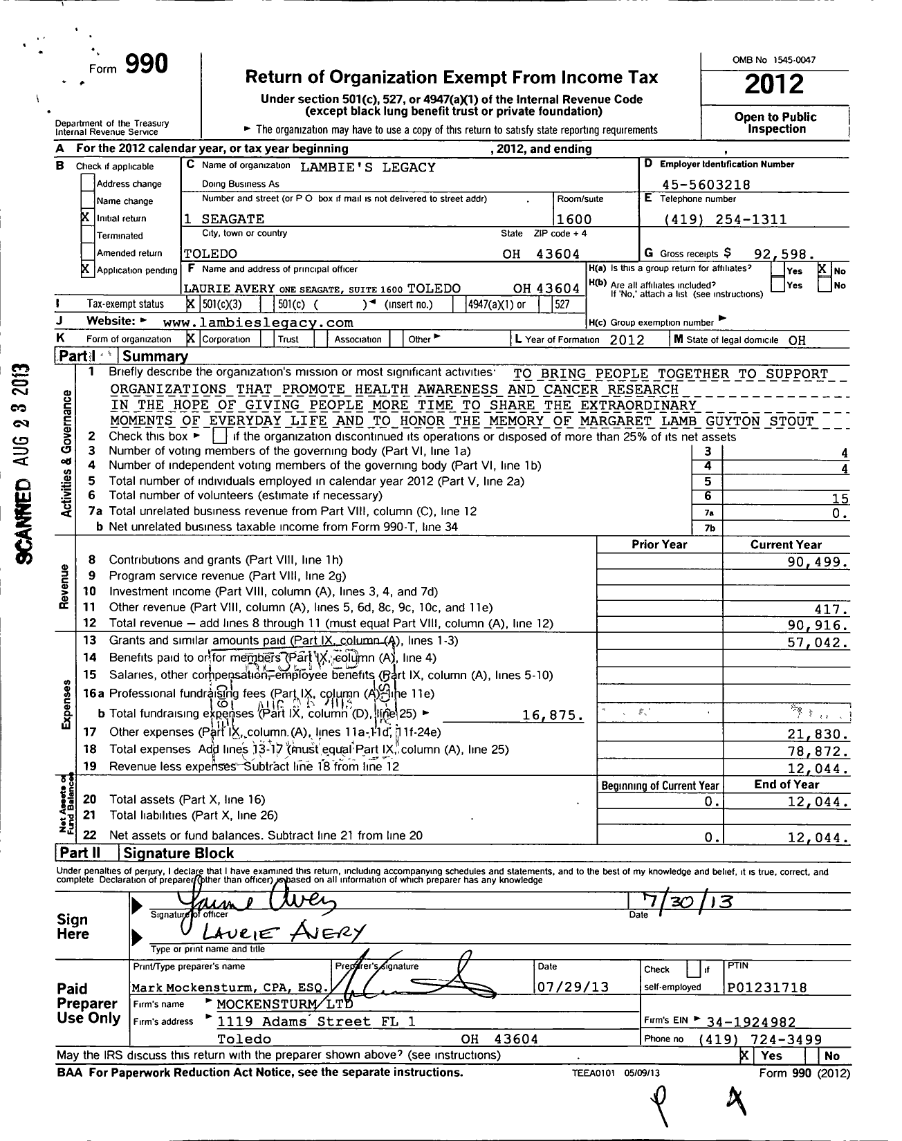 Image of first page of 2012 Form 990 for Lambies Legacy