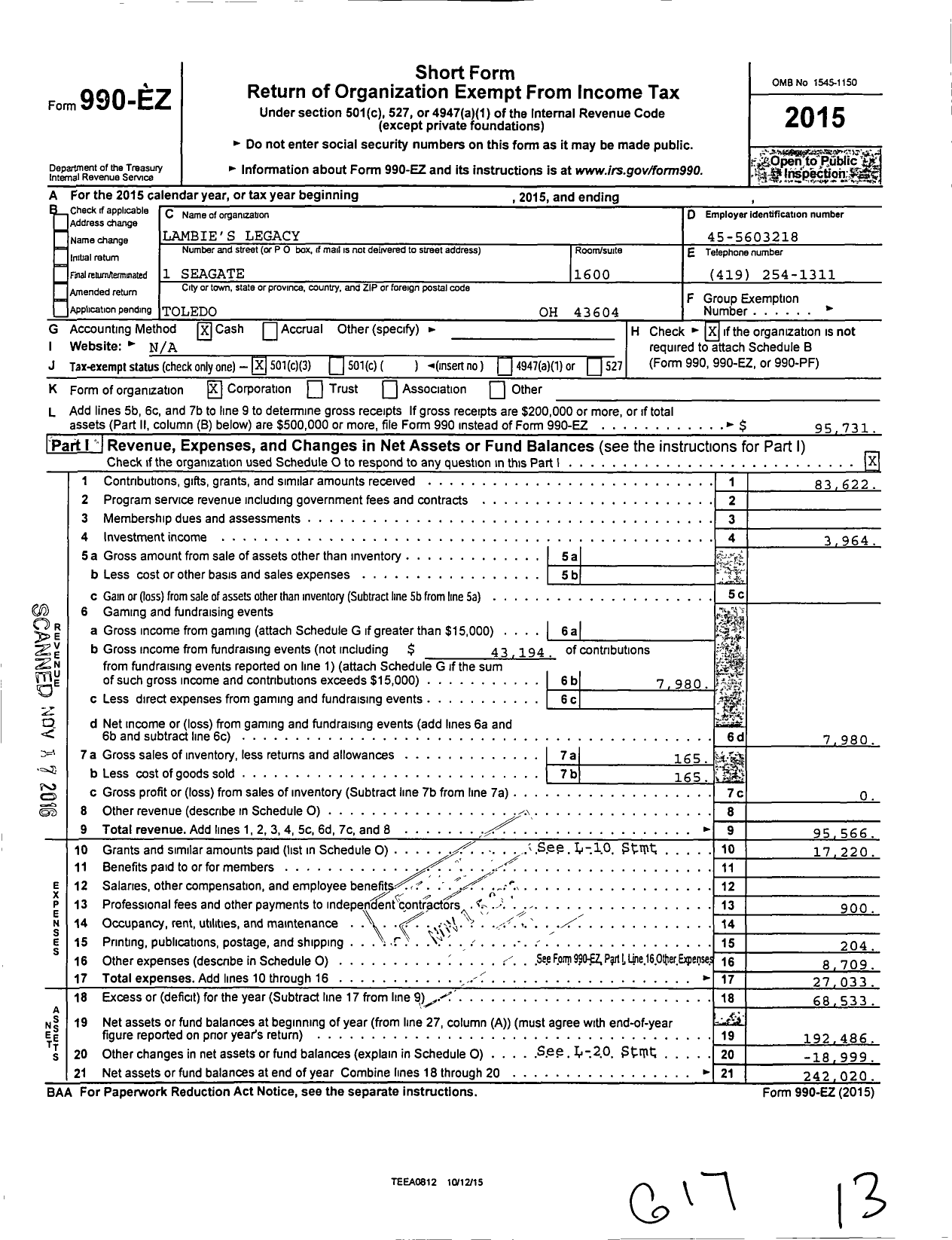 Image of first page of 2015 Form 990EZ for Lambies Legacy