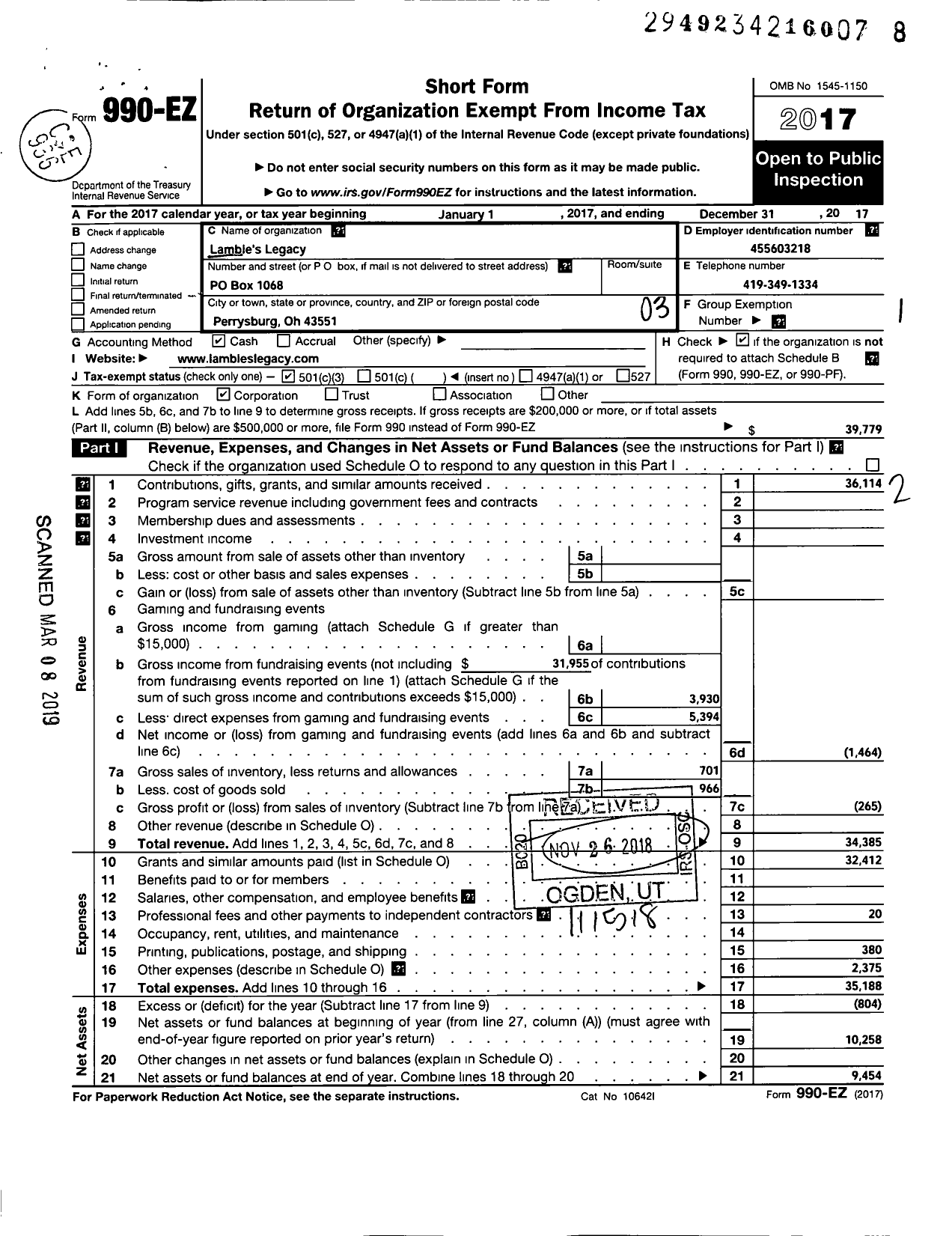 Image of first page of 2017 Form 990EZ for Lambies Legacy