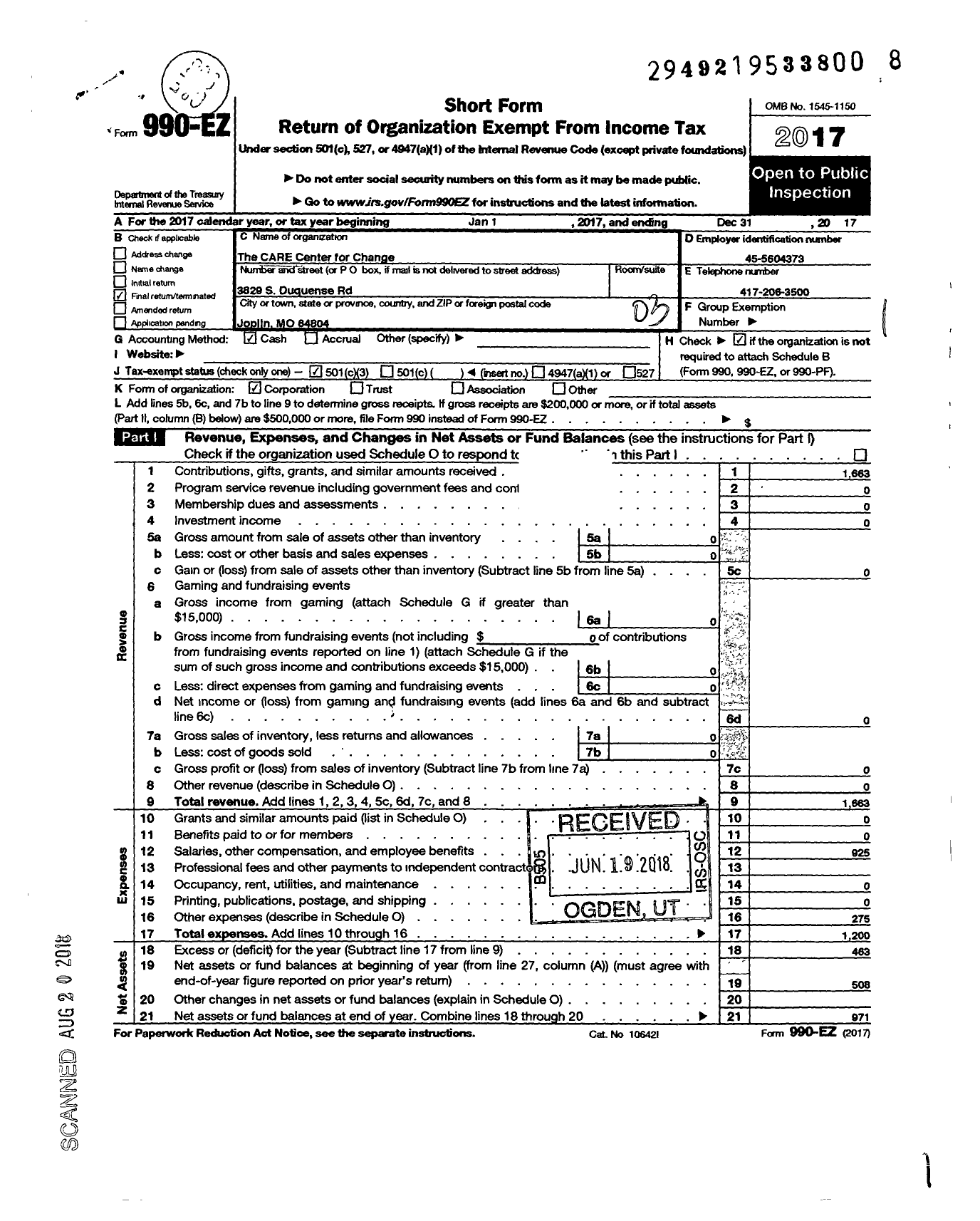 Image of first page of 2017 Form 990EZ for Care Center for Change