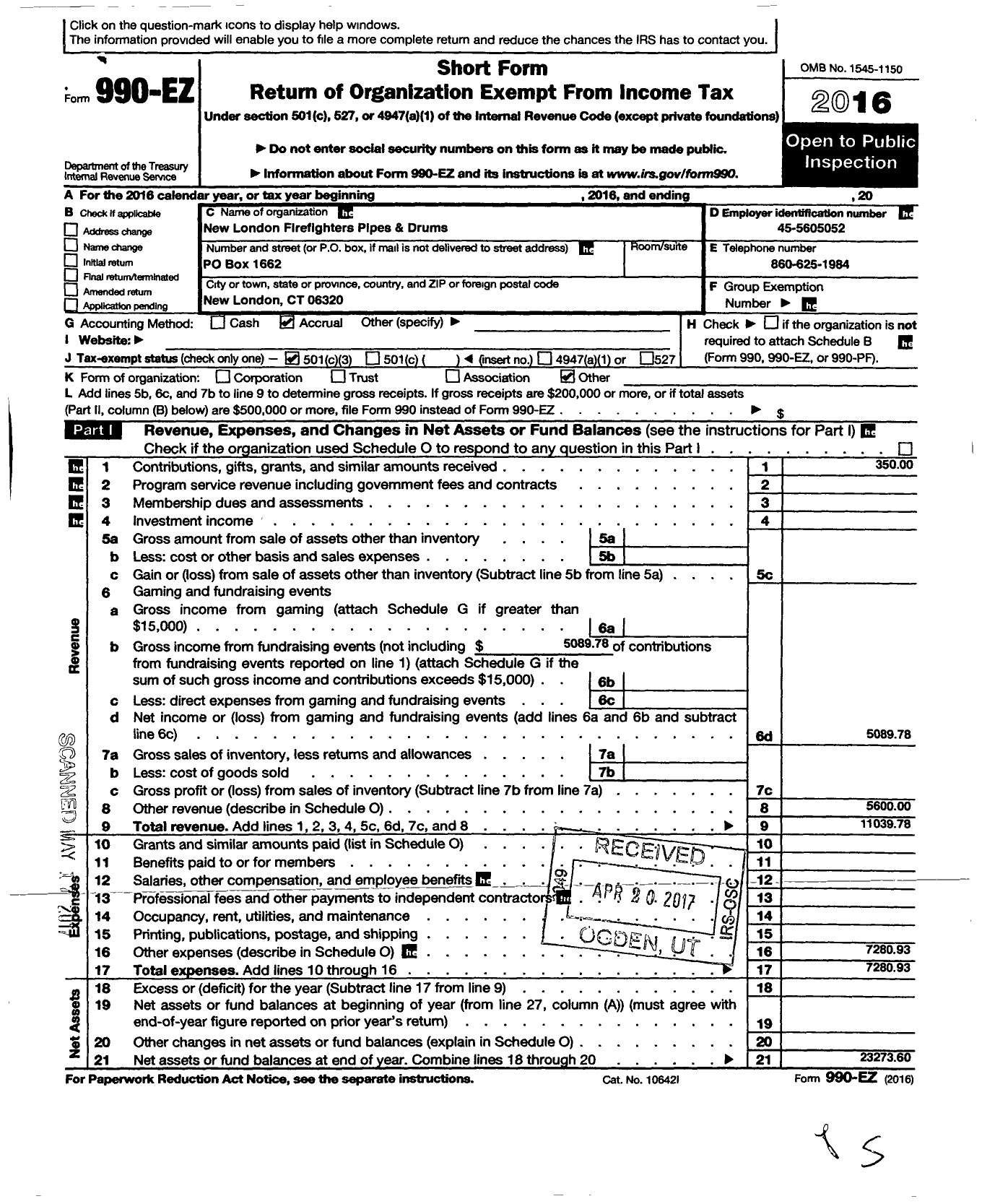 Image of first page of 2016 Form 990EZ for New London Firefighters Pipes and Drums