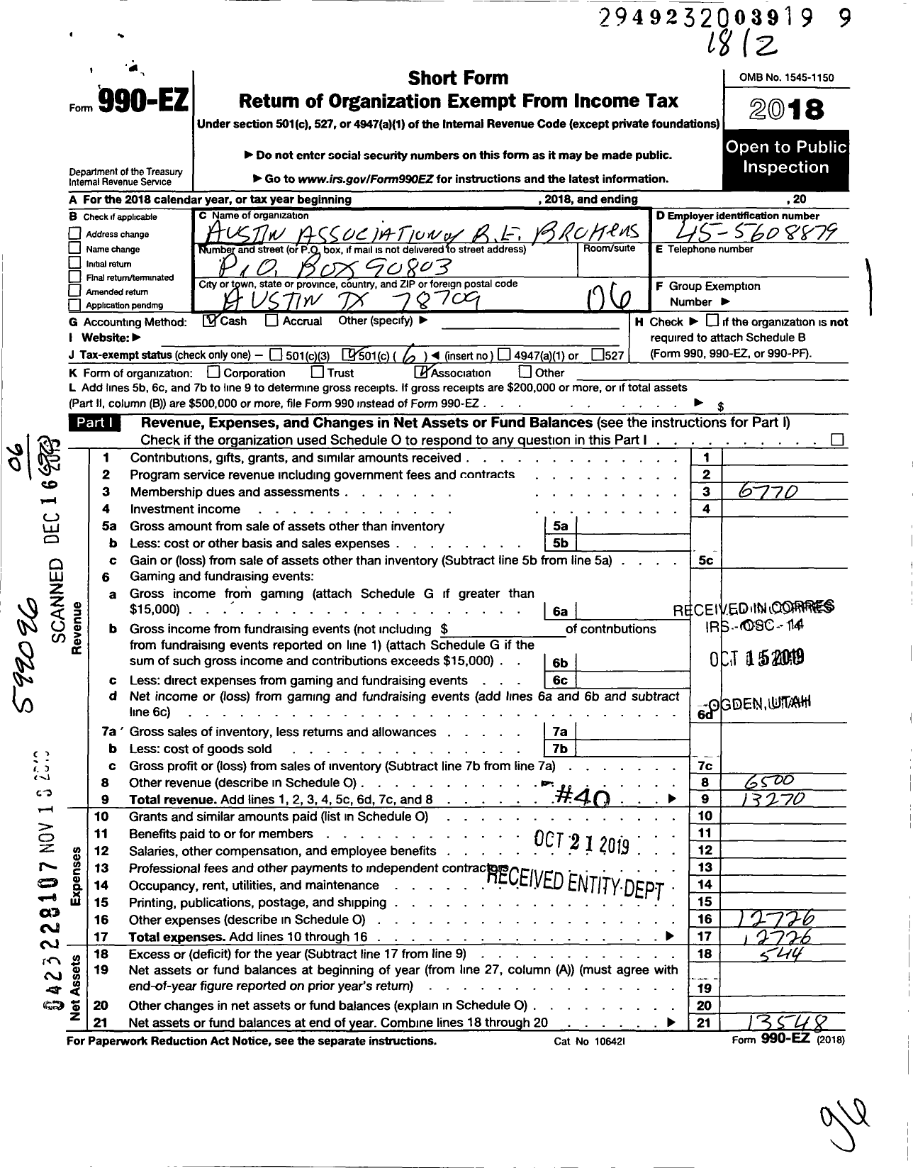 Image of first page of 2018 Form 990EO for Austin Association of Real Estate Brokers