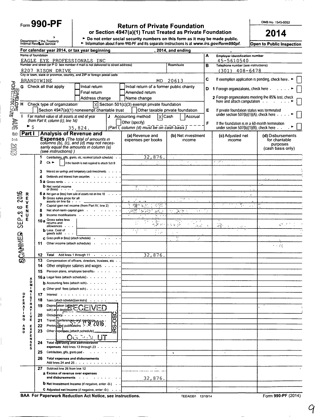 Image of first page of 2014 Form 990PF for Eagle Eye Professionals