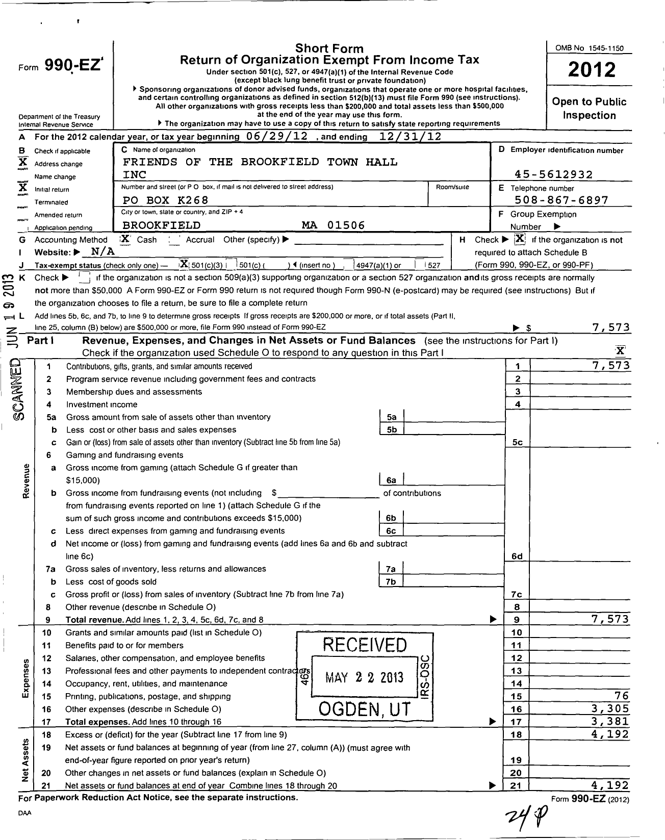 Image of first page of 2012 Form 990EZ for Friends of the Brookfield Town Hall