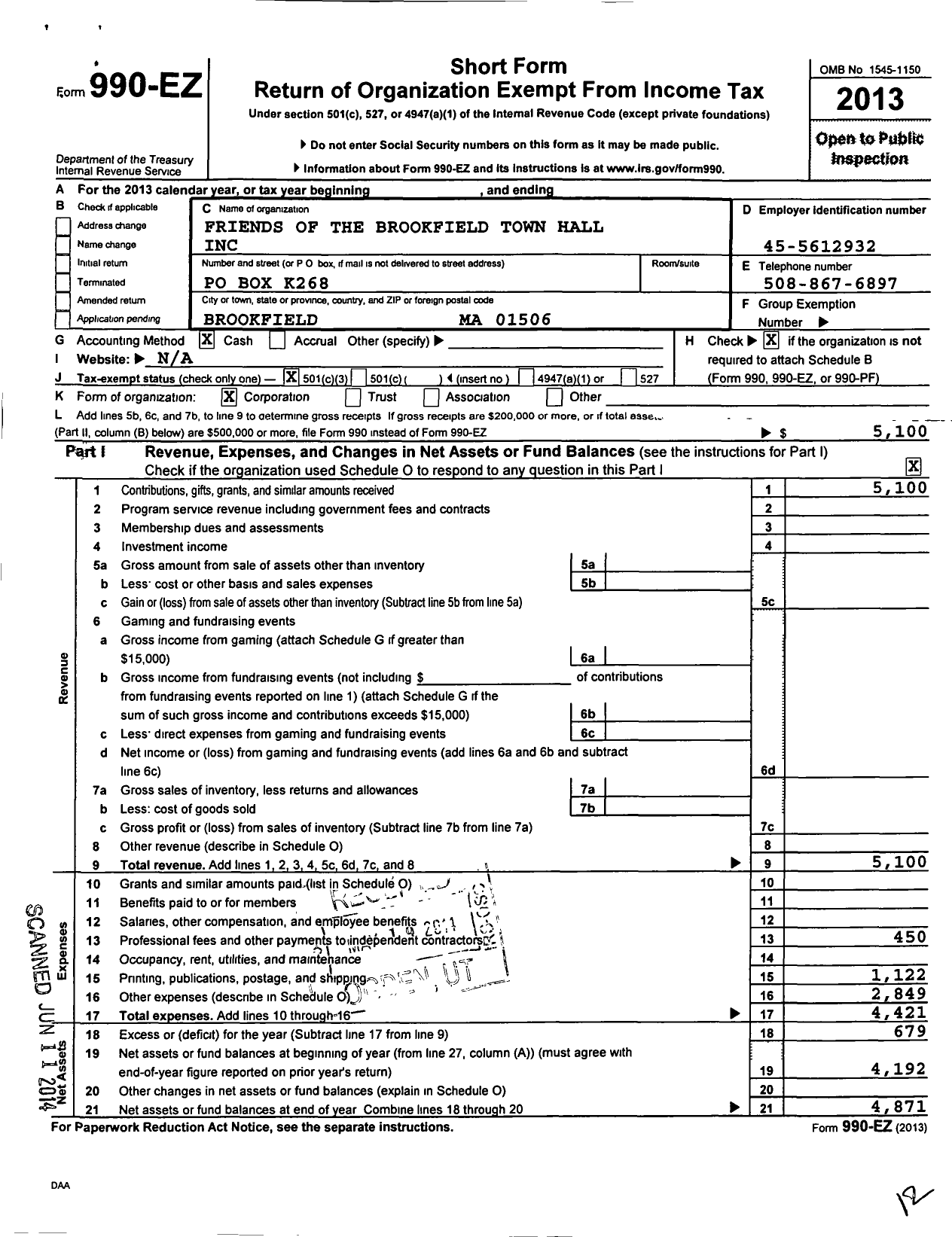 Image of first page of 2013 Form 990EZ for Friends of the Brookfield Town Hall