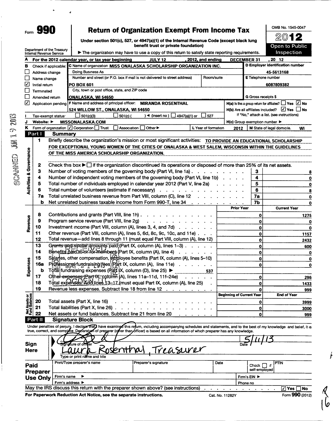 Image of first page of 2012 Form 990O for Miss Onalaska Scholarship Organization