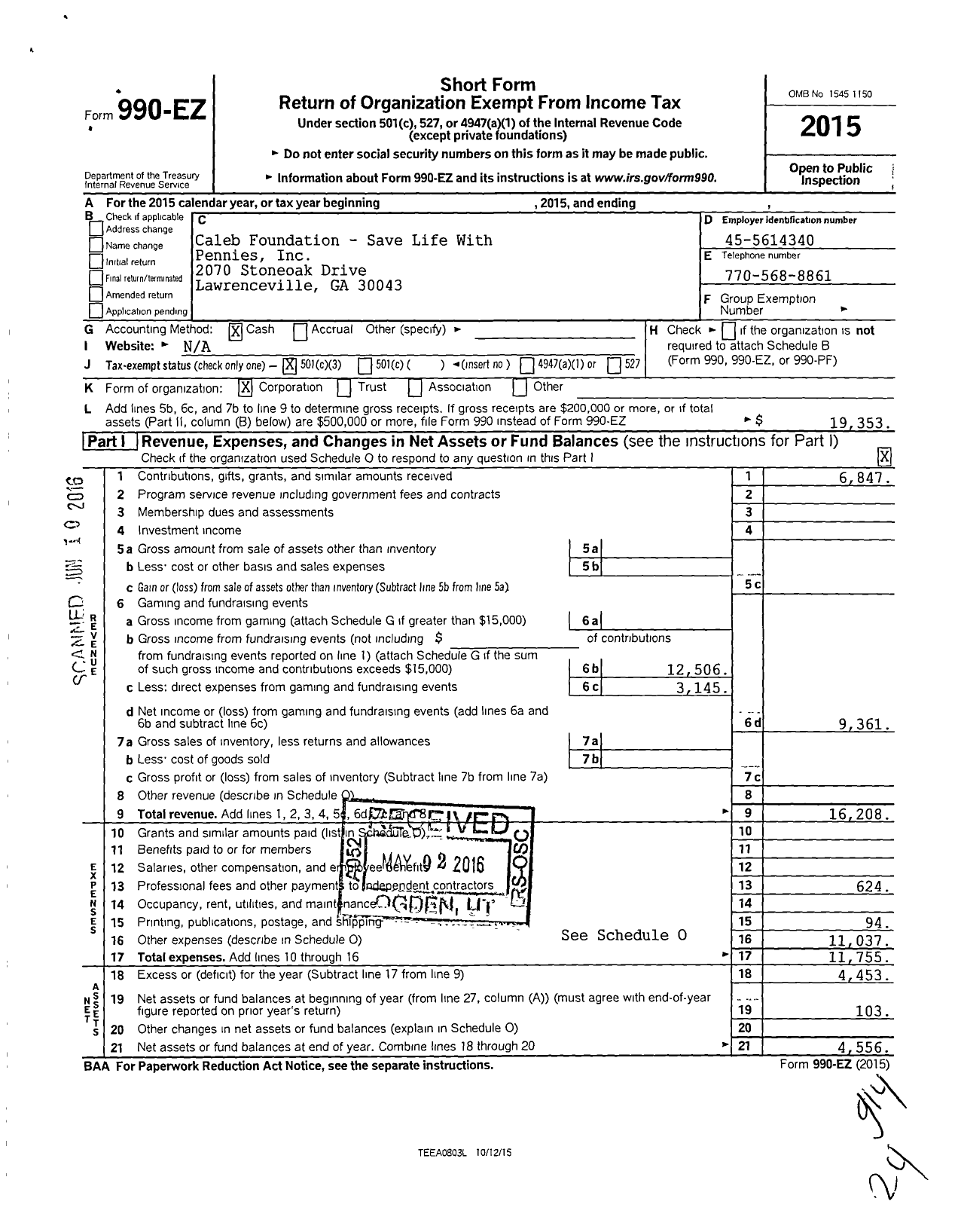 Image of first page of 2015 Form 990EZ for Caleb Foundation Save Life with Pen