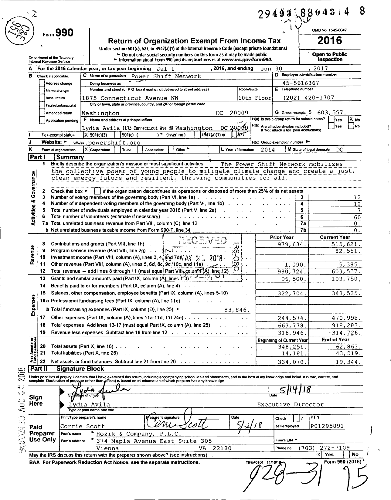 Image of first page of 2016 Form 990 for Power Shift Network
