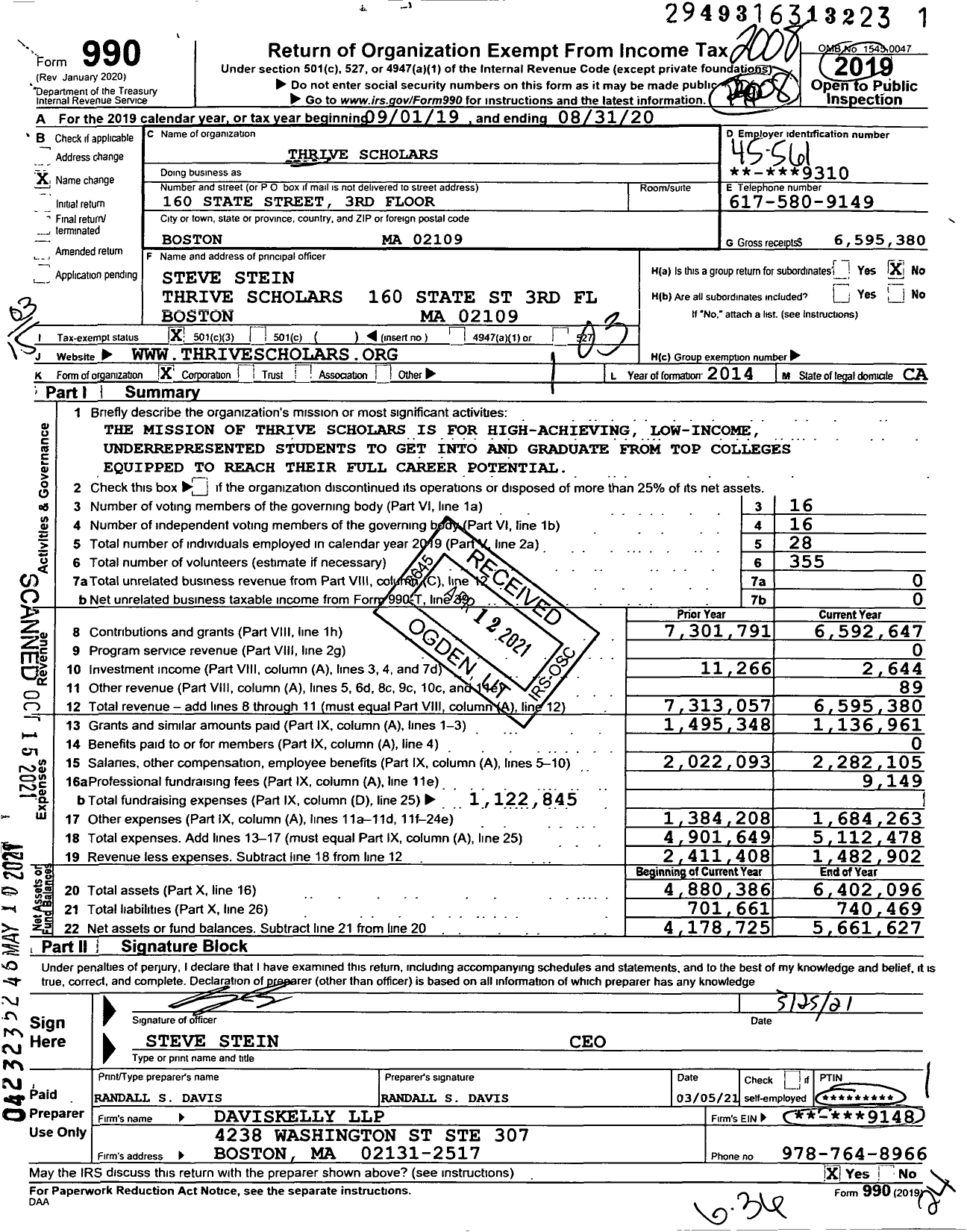 Image of first page of 2019 Form 990 for Thrive Scholars