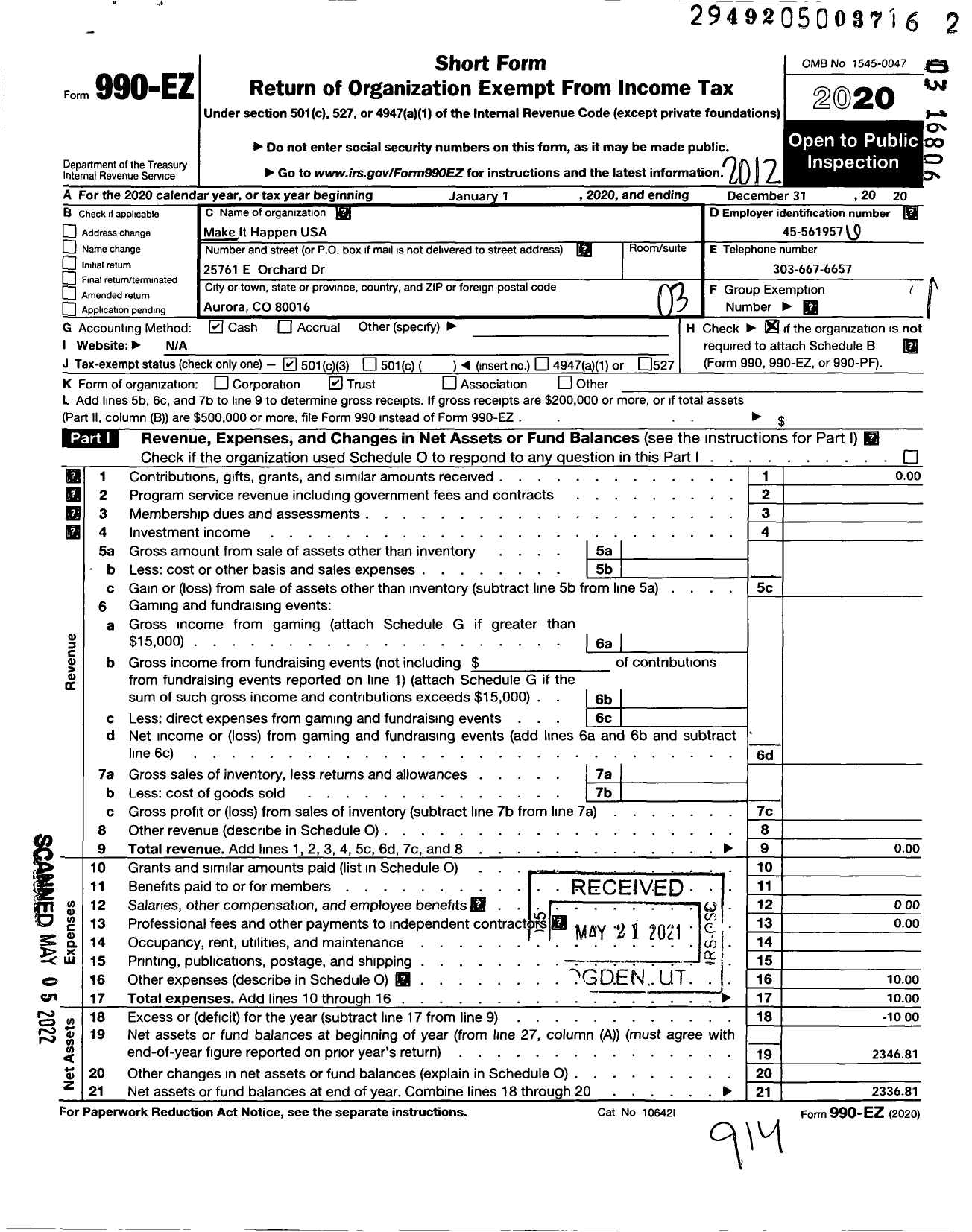 Image of first page of 2020 Form 990EZ for Make It Happen USA